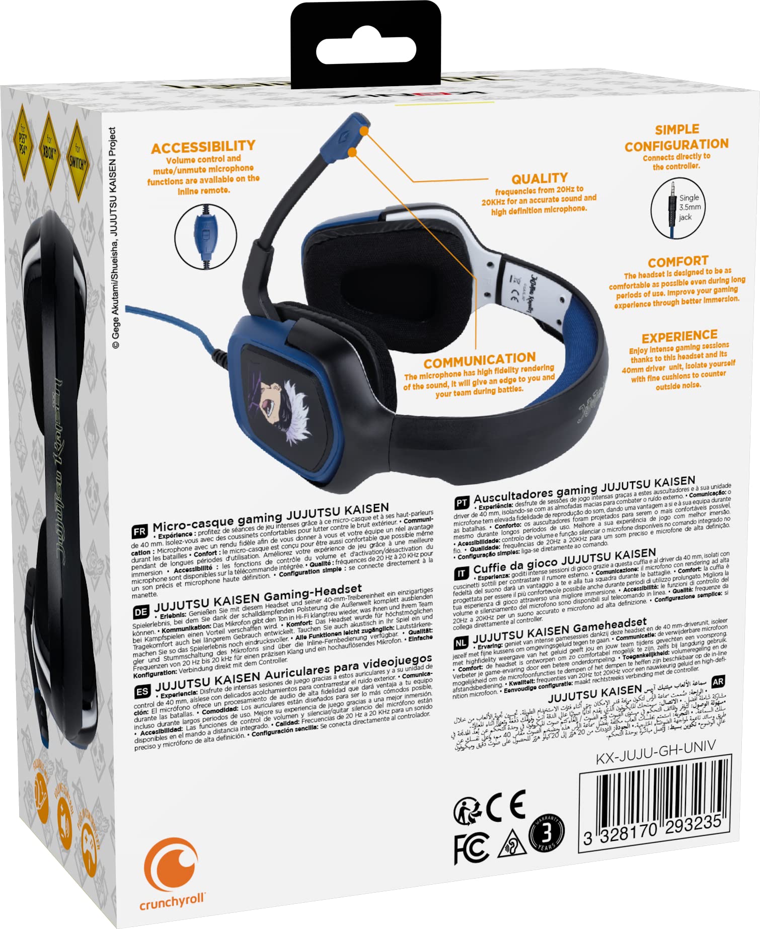 Konix Jujutsu Kaisen Auriculares Gaming con Cable para PS4, PS5, Switch, Xbox One y Series X|S - Micrófono a 45° - Cable de 1,5 m - Conector Jack de 3,5 mm - Diseño de Gojo