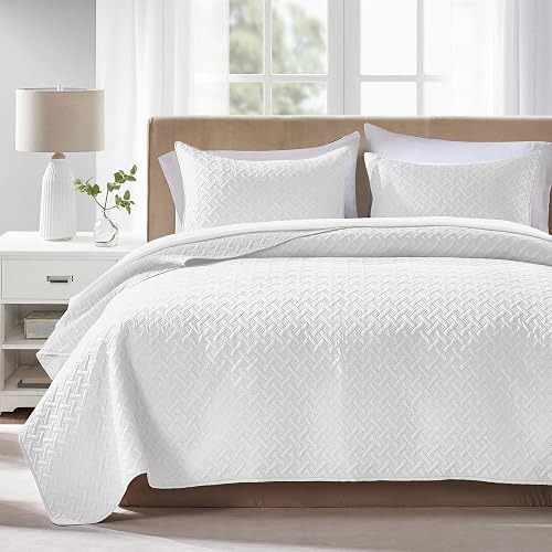 FLYMME Queen Quilt Bedding Set White Lightweight Bedspreads Full Size,Modern Style Geometric Weave Stripe Pattern,Soft Microfiber Bed Coverlet for All Season (1 Quilt, 2 Shams) - White - Full/Queen(90"x96")