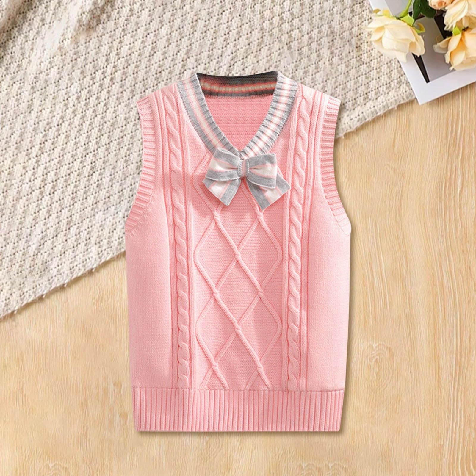 Gilet lavorato a maglia con papillon con scollo a V, canotta lavorata a maglia, per uniforme scolastica per bambini, maglioncino in pile per ragazze adolescenti, rosa, 7-8 Anni