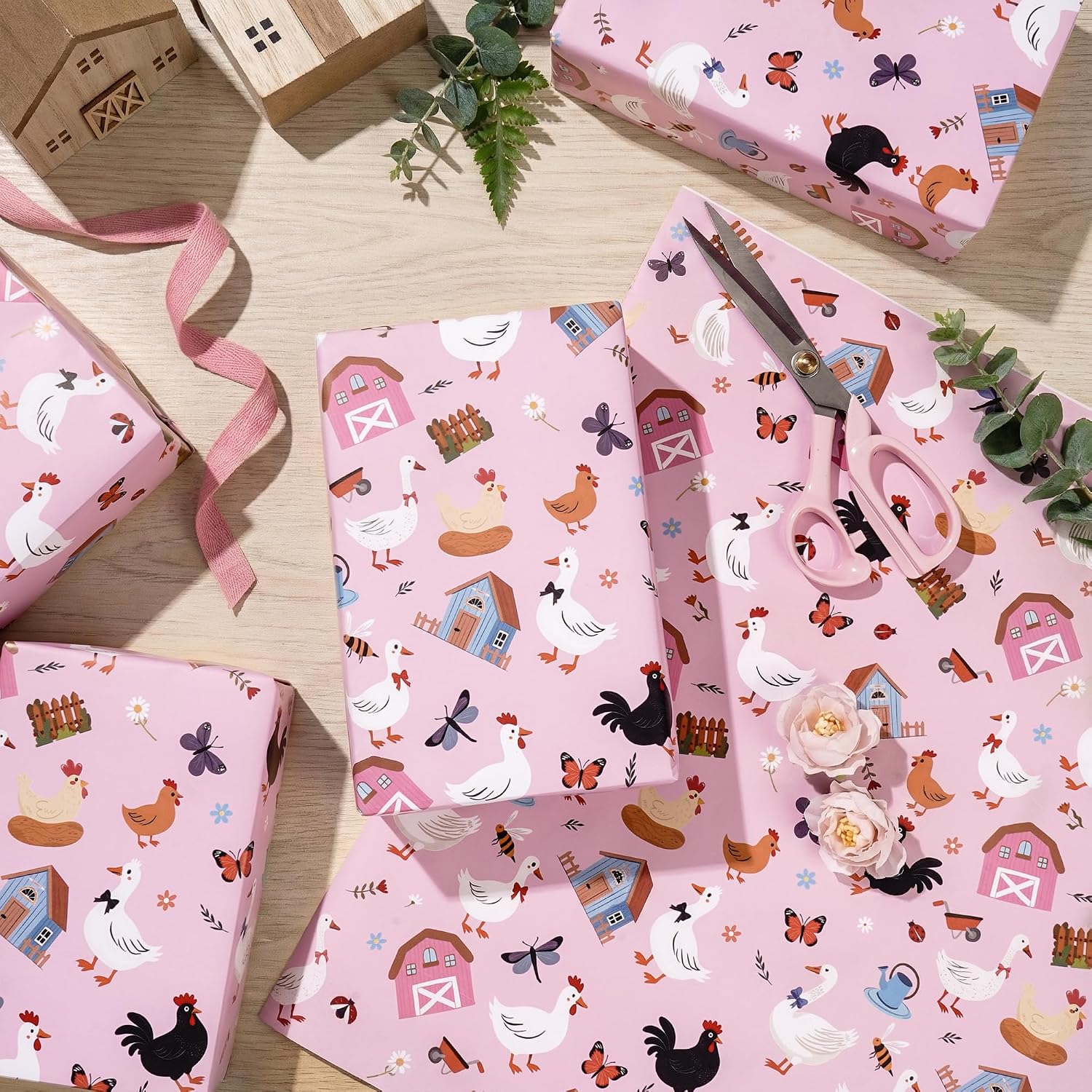 Liobelon Pink Farm Animal Wrapping Paper Roll - 17 Inches x 16.5 Feet - Cute Chicken, Goose, Duck & Barnyard Design, Poultry Animals Gift Wrap for Baby Girls Showers, Farm Parties & Birthdays for Kids & Adults image 5