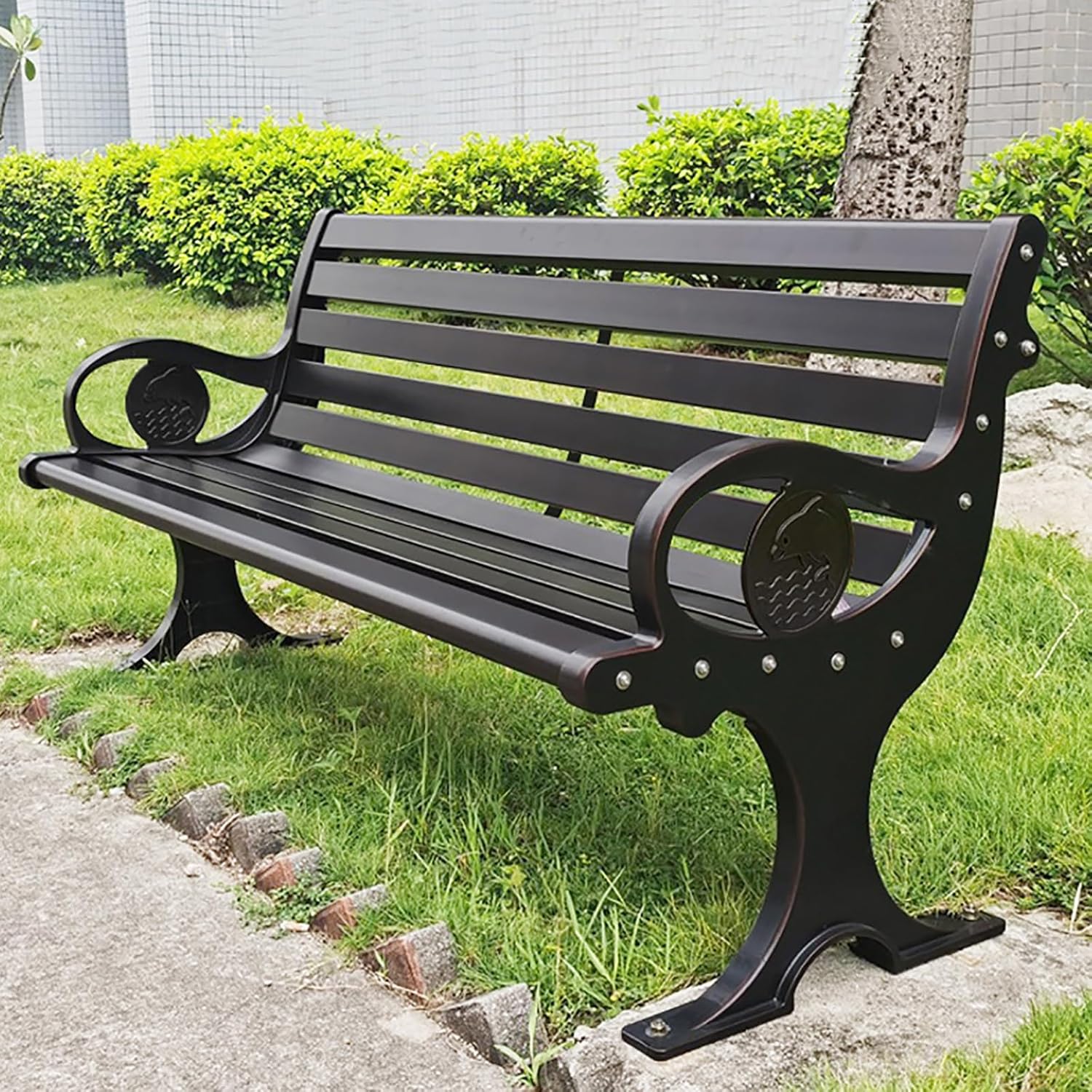 Outdoor Park Garden Bench, 2-3 Person Aluminum Patio Bench with Backrest+Armrests, Patio Porch Chair Furniture, Metal Loveseat Chairs, Weatherproof, for Porch Yard Deck Patio Furniture(Black,150CM/59i