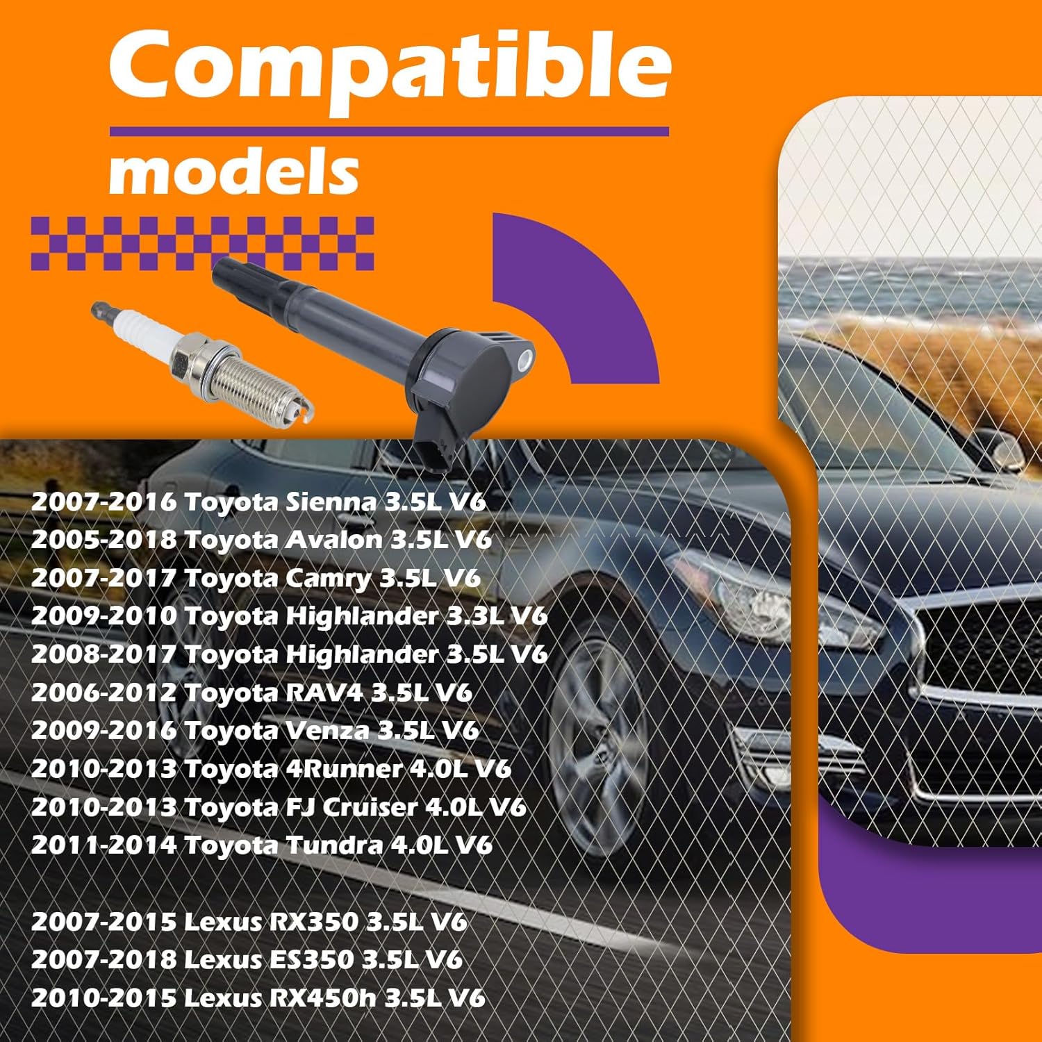 UF487 Ignition Coils Spark Plugs Compatible with 2007-2017 Toyota Camry 2008-2017 Highlander 2007-2016 Sienna 2006-2012 RAV4 2007-2018 Lexus ES350 3.5L Replaces 90919-02255 673-1309 (6 PCS)
