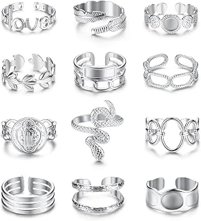 12PCS 18K Gold Plated Chunky Rings Set for Women Stainless Steel Statement Rings Pack Stackable Boho Midi Rings Adjustable Open Ring Band Twisted Signet Rings