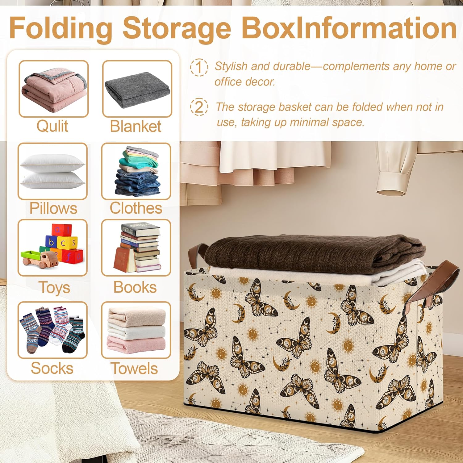 32L Large Storage Bins with Handles, Basket Organizer for Shelves, Closet, Books, Laundry & Home Decor (Boho Buttefly)