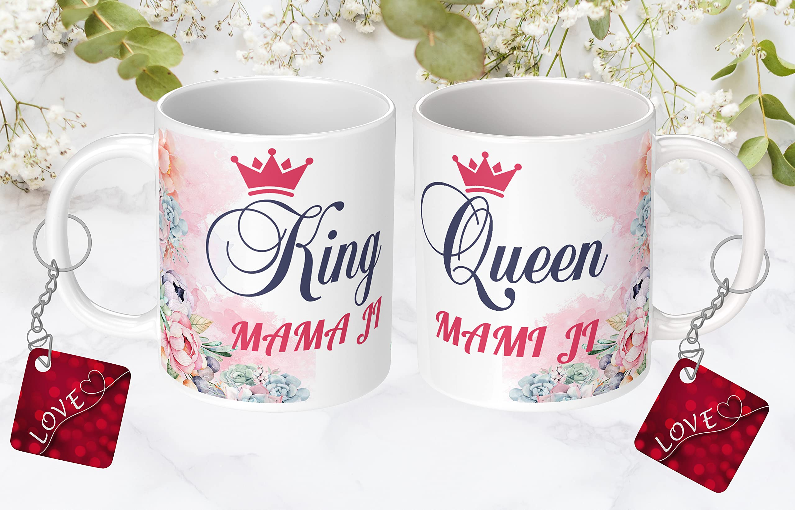 NH10 DESIGNS King Mama Ji Queen Mami Ji Printed 2 Coffee Mug and 2 Keychain for Birthday Gift Wedding Anniversary for Mami Mama Maternal Uncle Aunty Couple- 2KQWMK 35
