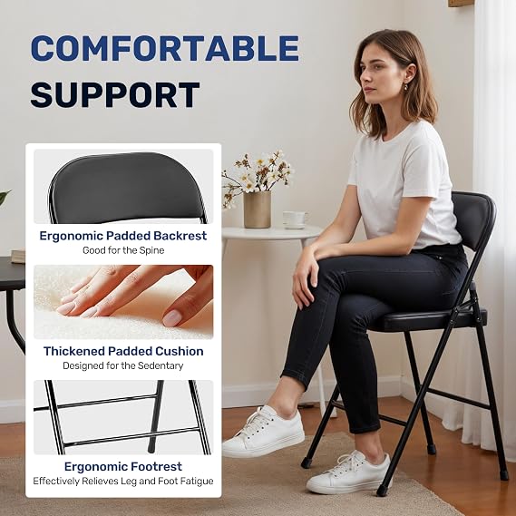 Simple Deluxe 4 Pack Folding Chairs with Padded Leather Cushion Seats & Durable Metal Frame, Comfortable, Foldable, Portable, Commercial Event Chair, Indoor Outdoor for Parties, Home, Office, Black