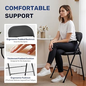 Simple Deluxe 4 Pack Folding Chairs with Padded Leather Cushion Seats & Durable Metal Frame, Comfortable, Foldable, Portable, Commercial Event Chair, Indoor Outdoor for Parties, Home, Office, Black