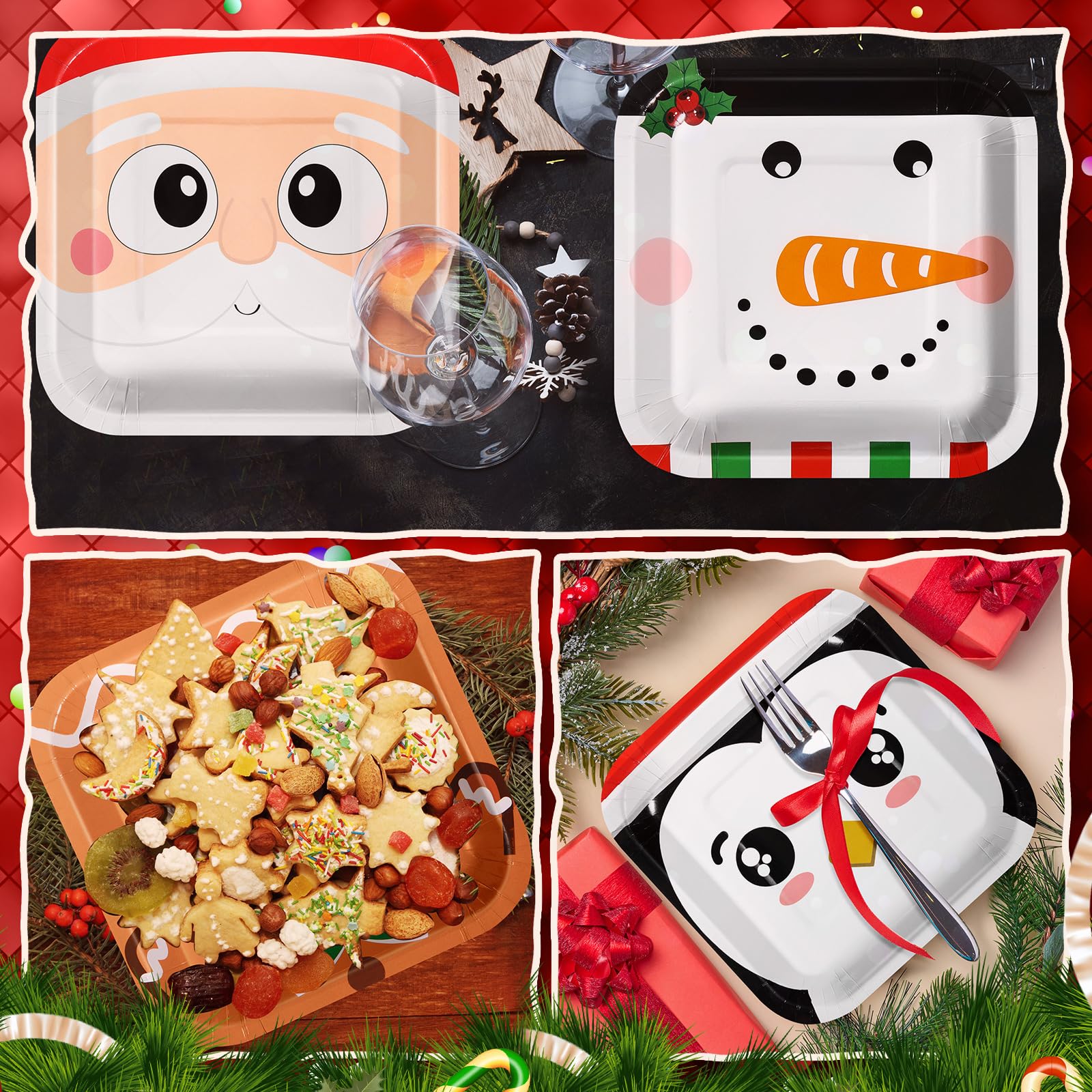 Mimorou Lot de 60 assiettes carrées jetables en carton de Noël de 17,8 cm, motif Père Noël, bonhomme de neige, 6 styles