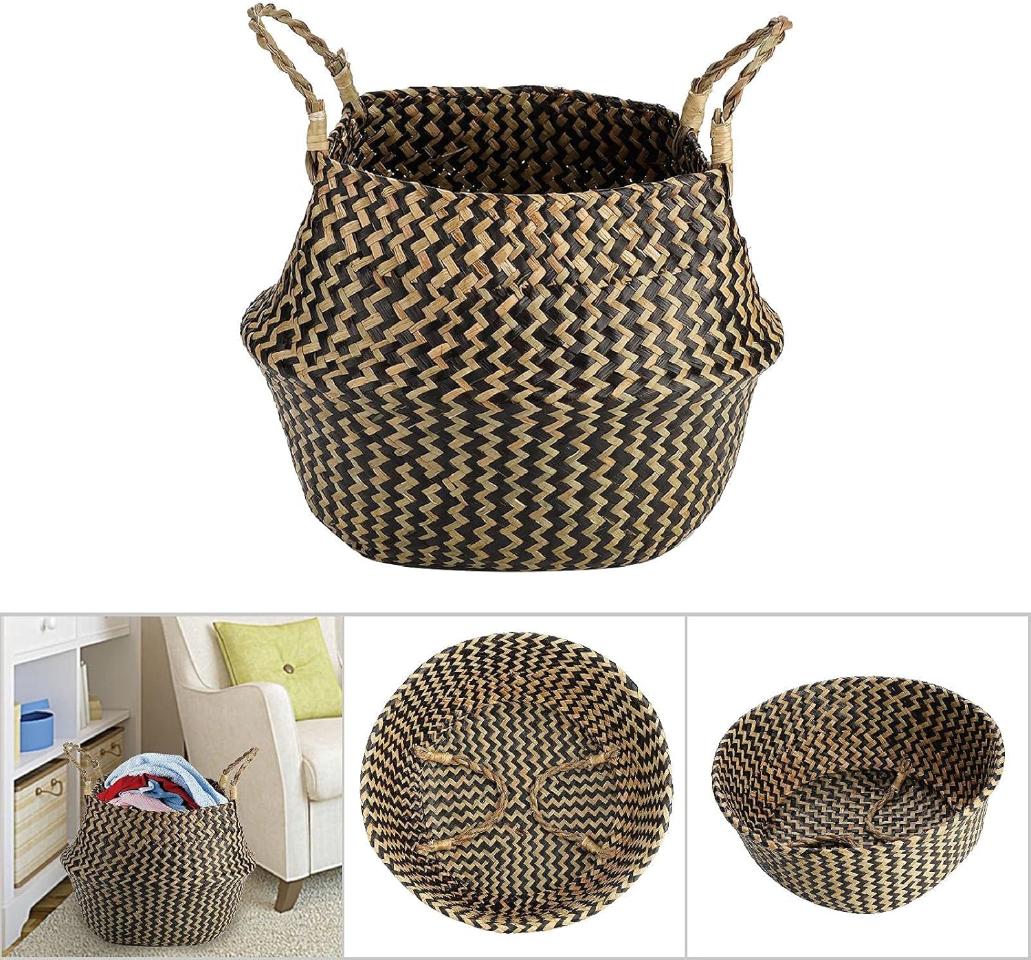 Seagrass Belly Basket, Modern Woven Basket for Flower Pot Floor Indoor Planters, Plant Containers Hand Woven Basket Planter Living Room Home Decor (black (wavy pattern))