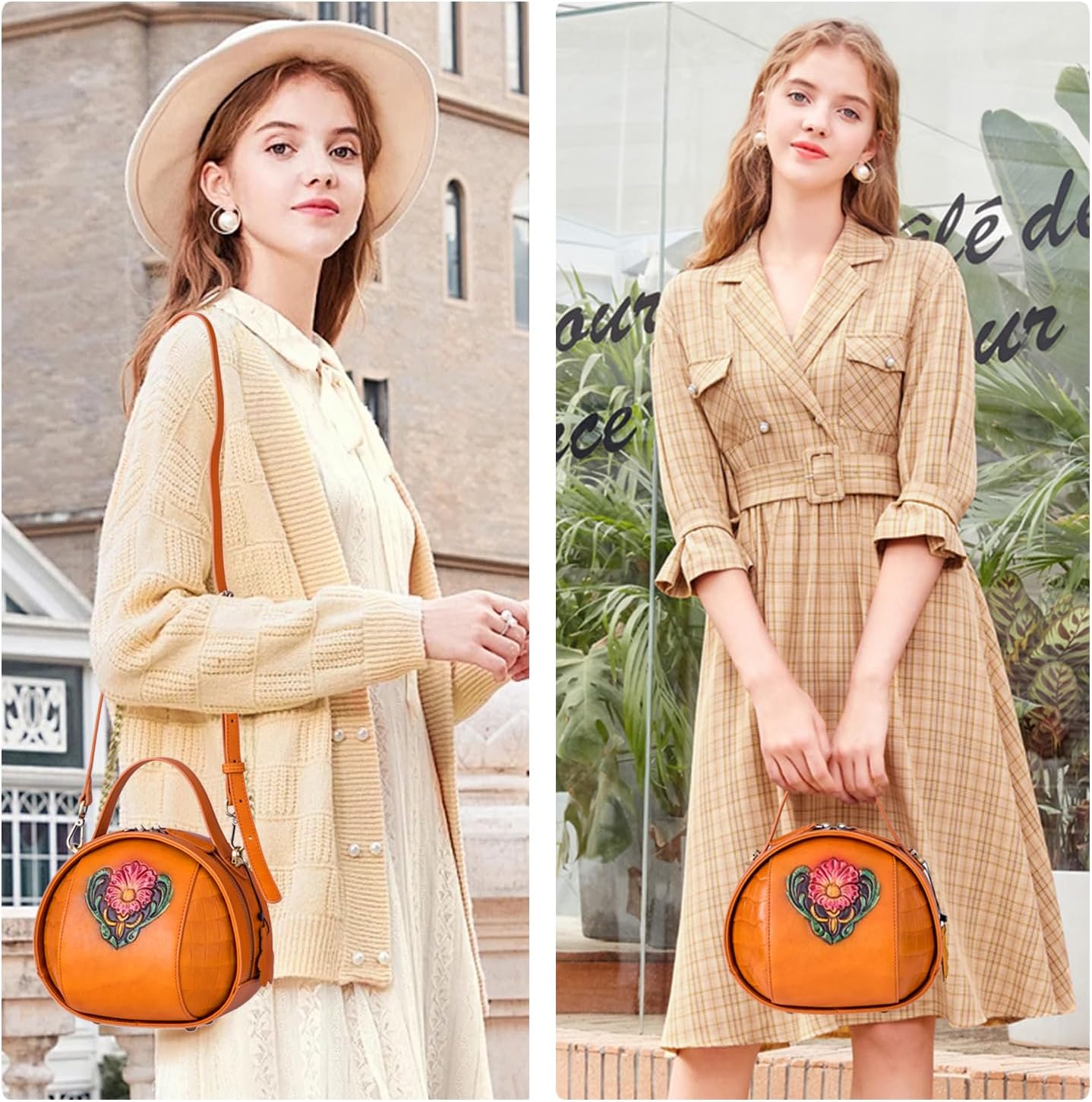 Vintage Genuine Leather Crossbody Bag for Women – Small Structured Top Handle Purse with Hand-Embossed Flower