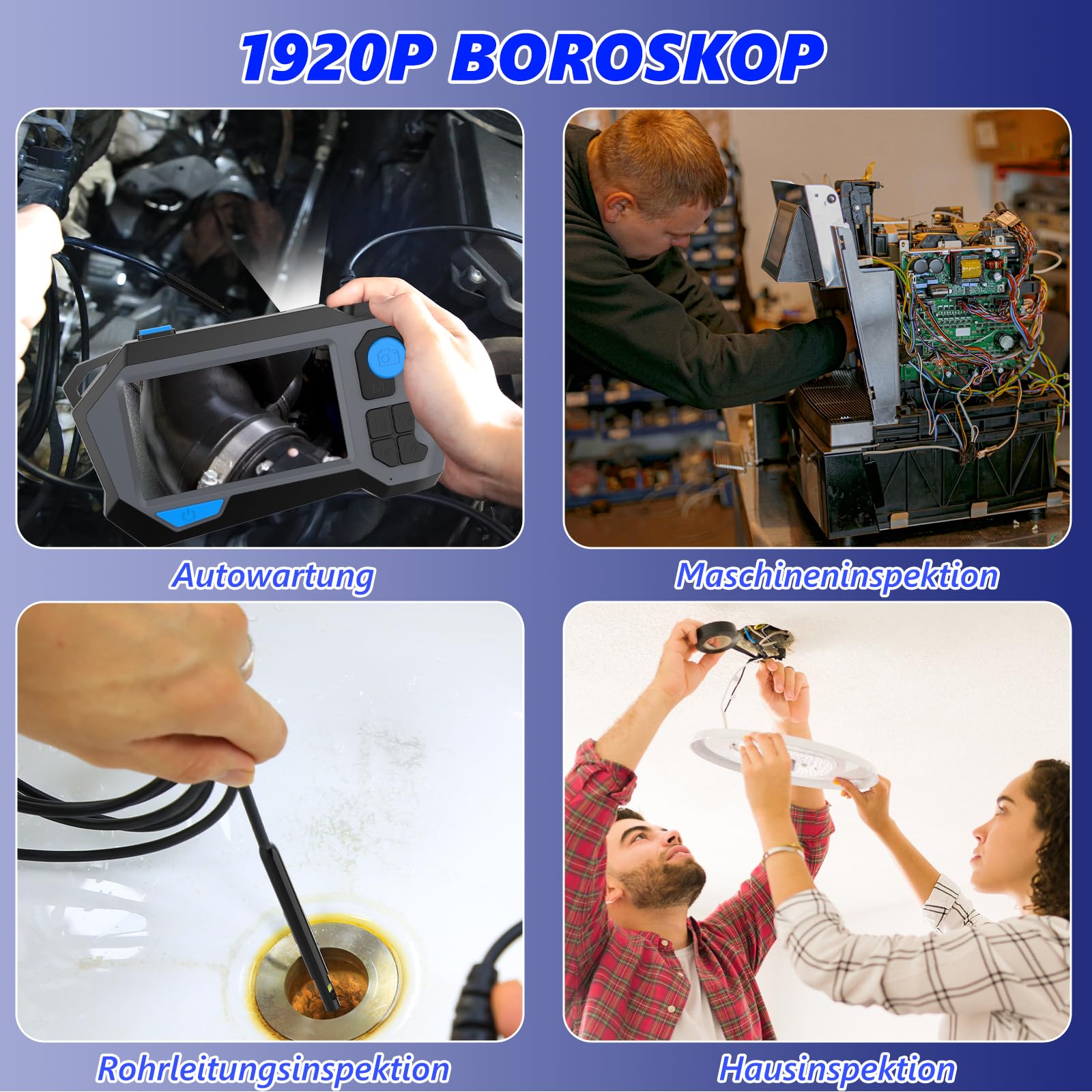 Endoskopkamera mit Licht, Ferdiiz 1920P HD Dual-Objektiv mit 720° Zwei-Wege-Drehung, Endoskopkamera Beweglicher Kopf mit 4,5” IPS Bildschirm, IP68 Halbstarre Rohrkamera, 8+1 LED-Inspektionskamera - 5M