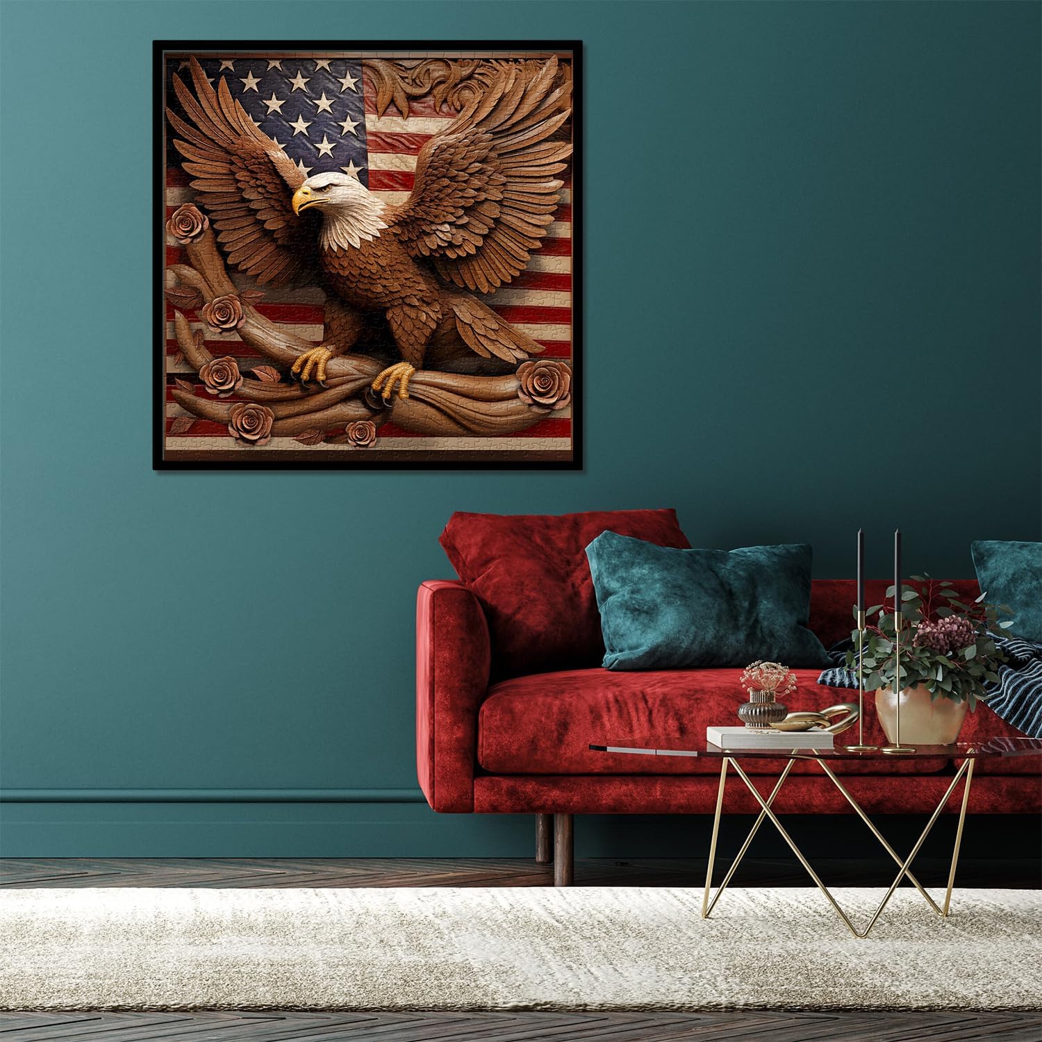American Flag Eagle Puzzles for Adults 1000 Pieces, Vintage USA Patriotic Faith Jigsaw Puzzle, United States Bird Roses Flower Puzzles as Home Decor