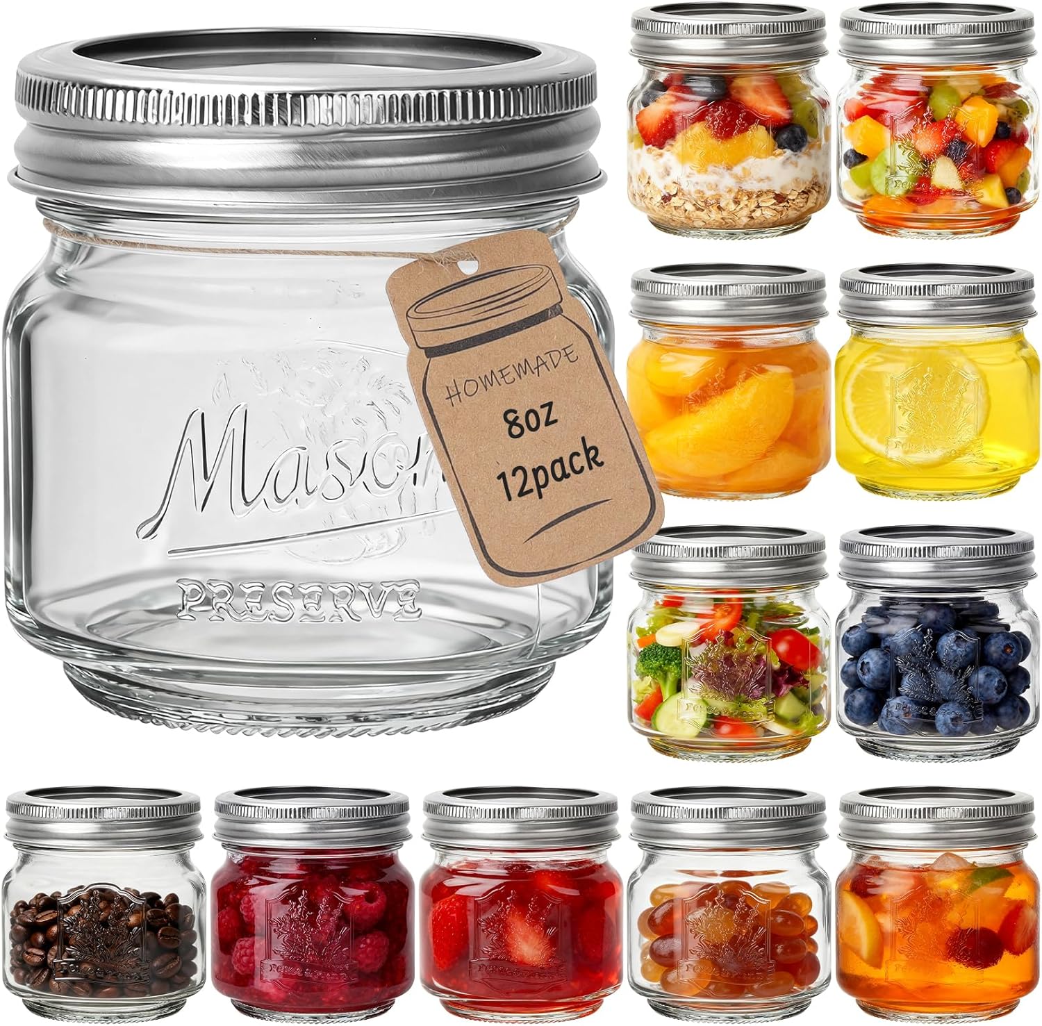 CycleMore 8oz 12 Pack Mason Jars with Silver Metal Lids, Embossed Design Canning Jars, Clear Glass Storage Jars for for Gifts, Jam, Pickling, Crafts, Wedding Favors & Home Decor