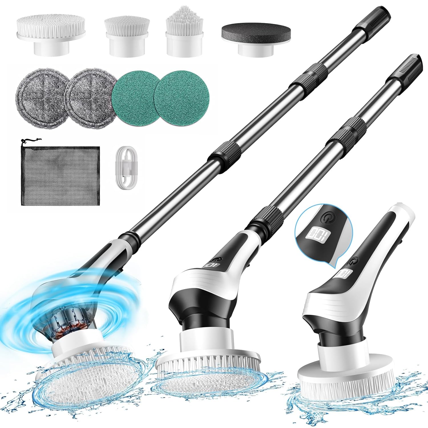 Electric Spin Scrubber Cordless Shower Scrubber with Power Display Screen IP68 Waterproof Bath Cleaning Brush Adjustable Extension Handle