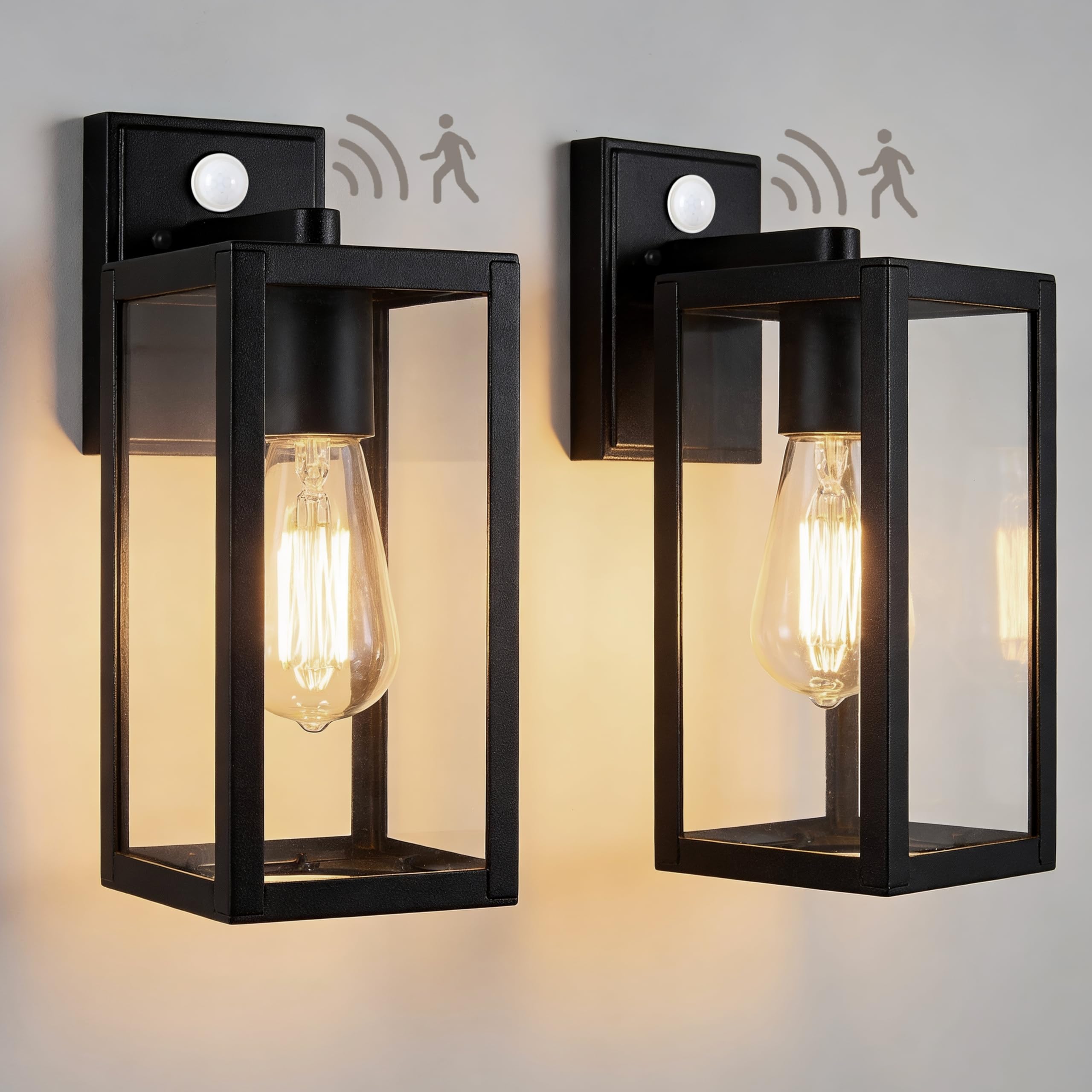 Zewnętrzna lampa ścienna z czujnikiem ruchu, lampa ścienna PIR zewnętrzna E27 czarna, 2 sztuki | Wysokiej jakości aluminiowy czujnik zmierzchu; do drzwi wejściowych, garażu lub tarasu. Światło bezpieczeństwa