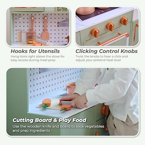 Miniatura 2 de Teamson Kids Little Chef St. Louis - Juego de cocina de madera retro para niños pequeños, juego de cocina de simulación verde con máquina de hielo,