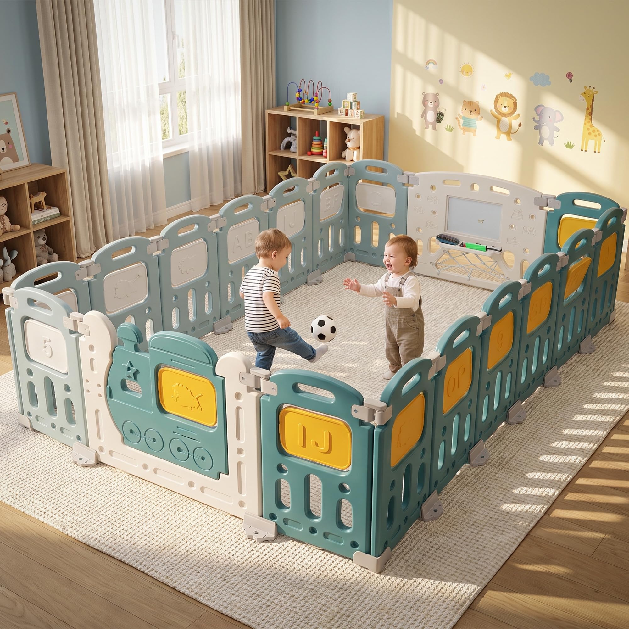 Baybee Train Kids Playpen for Babies | Foldable Baby Play Area Indoor Setup with Safety Lock, Writing Board & Double Knob | Outdoor Play Pen for Kids for 0-5 Years | Portable Baby Activity Playards for Toddlers (18 Panels)