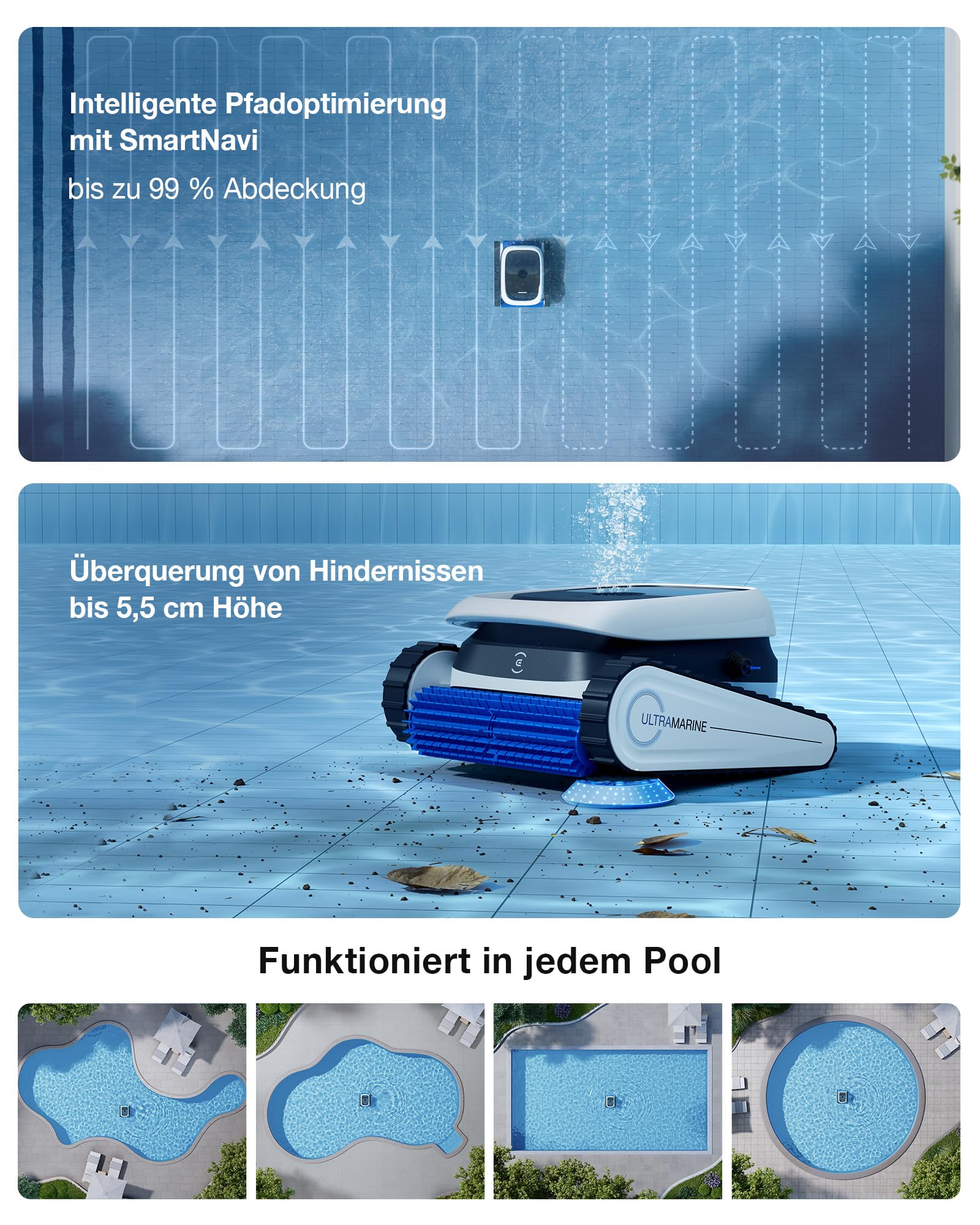ECOVACS Ultramarine P1 Poolroboter für Boden und Wände, 180 Min. Akku, bis zu 180m², 4800 GPH UltraPure-Saugkraft, Pool-Saugroboter mit App, Doppelschicht-Filter, SmartNavi-Navigation (White)