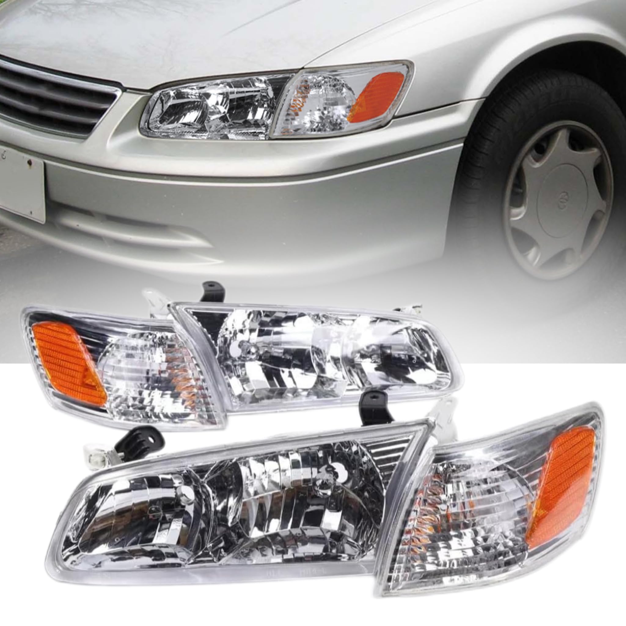 DuYouG- For 2000 2001 Toyota Camry Halogen Projector Headlights Headlamps Assembly w/Corner Lights Left Driver Side+Right Passenger Side Chrome