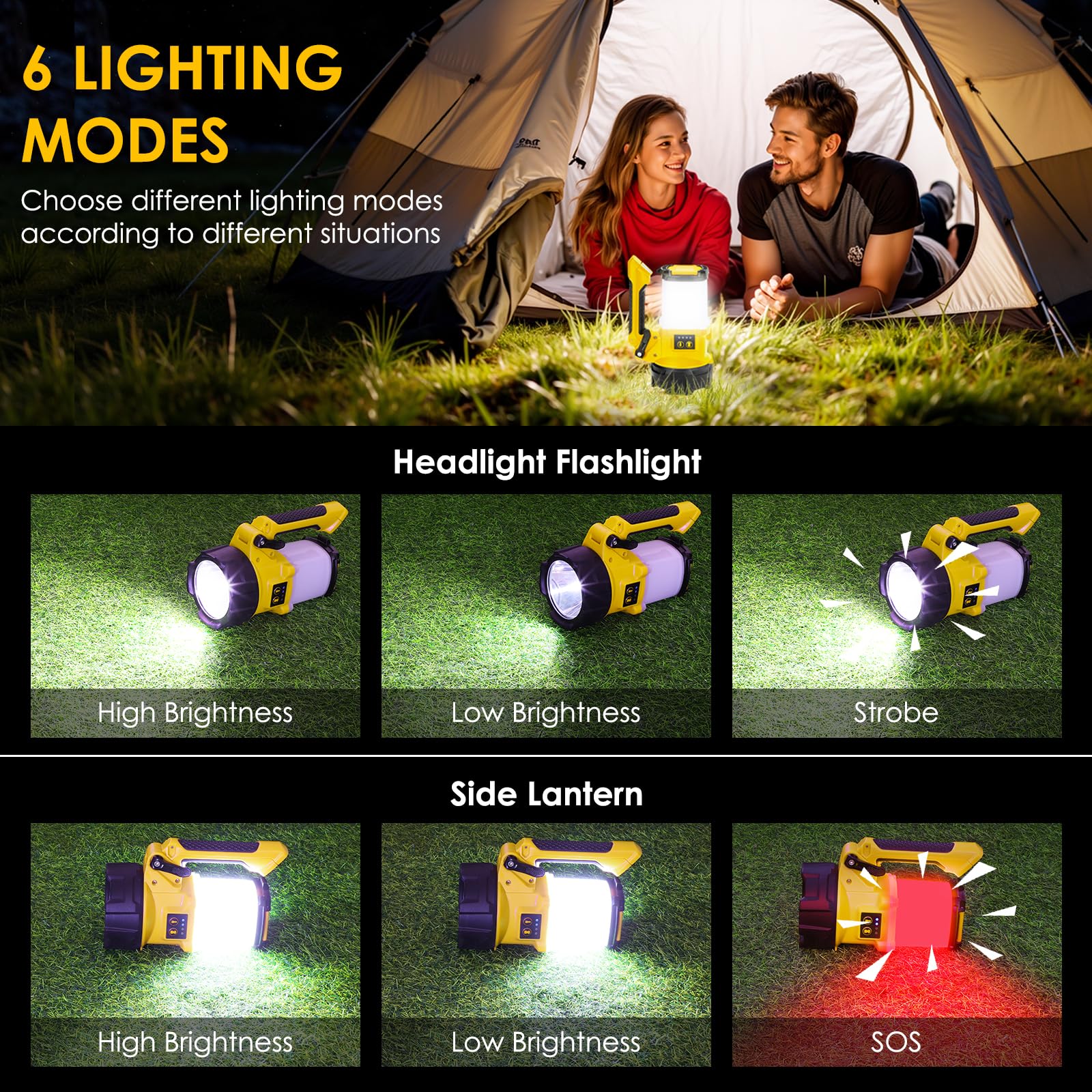 BOBKID - Linterna de camping recargable, 6 modos, linterna LED de mano con 2000 lúmenes, banco de energía de 4400 mAh, reflector impermeable IPX4, luz de trabajo para kits de supervivencia de