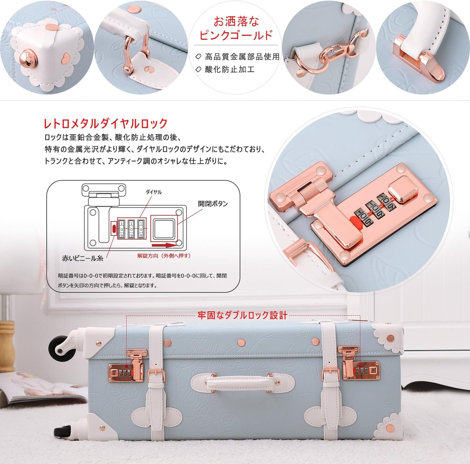 [Uniwalker] かわいい スーツケース 可愛い トランクケース キャリーケース 四輪 静音 手作り 復古 キャリーバッグ S型 機内持込 エンボス花柄ブルー