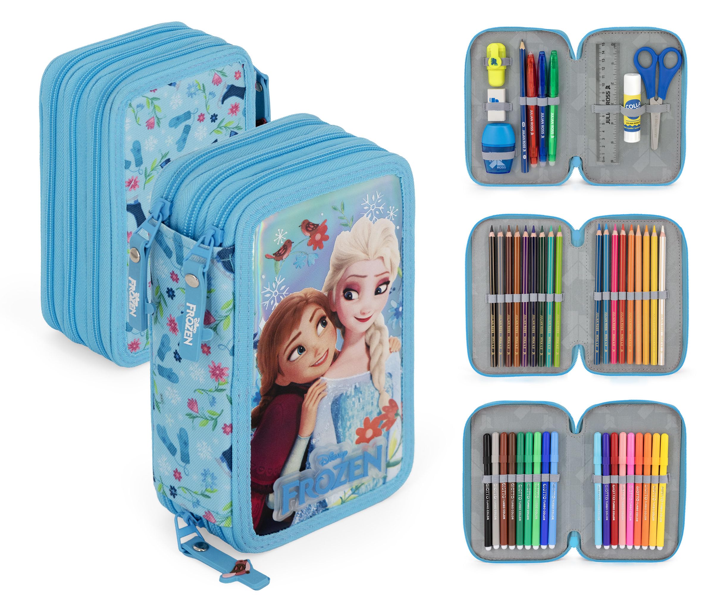 3-Fach Federmäppchen Mädchen Gefüllt für Die Eiskönigin Frozen Fan – Schulmäppchen Set 46 Teile mit Radierbaren Stiften, Filzstiften, Buntstiften – ideal für Schule & als Geschenk 6-12 Jahre