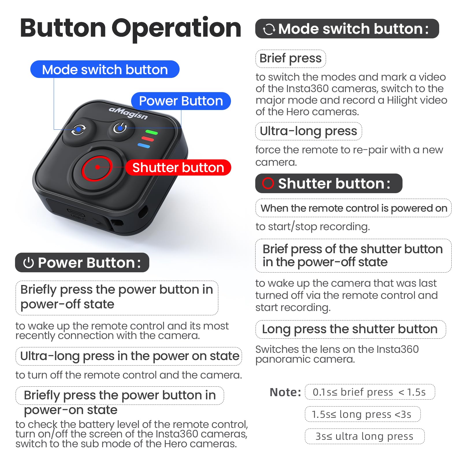Treeboy Bluetooth Remote Control for Insta360 X5 X4 X3 X2/Ace Pro2/Ace Pro/Ace/GO 3S/GO 3/ONE RS/ONE R,ONE RS 1,for GoPro Hero 13/12/11/10/9/8/Max/Mini Cameras and iOS Android Phones