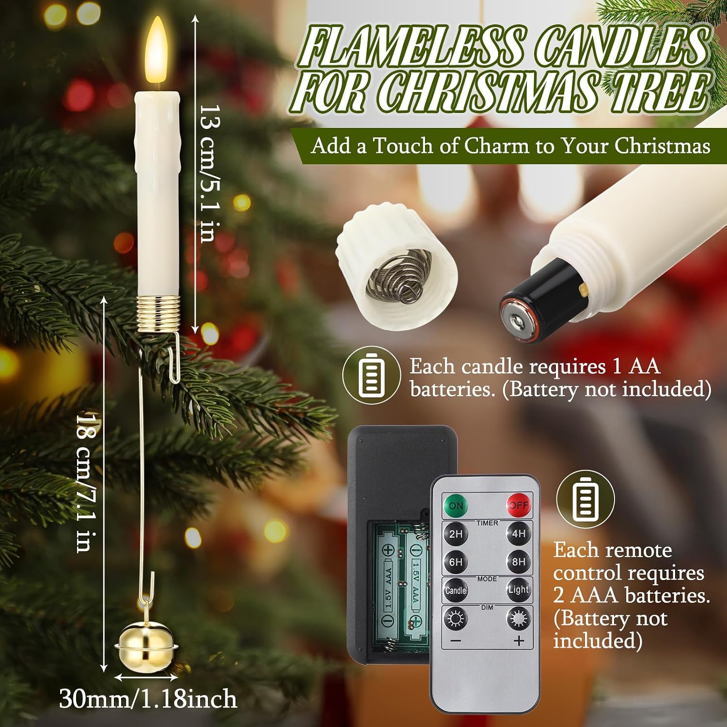 12 Set Christmas Tree Candles with Remote 5.3 Inch Battery Operated Hanging Christmas Candles with Bells LED Candlesticks Flickering Flameless Candlesticks for Xmas Tree Party Decor(Gold)
