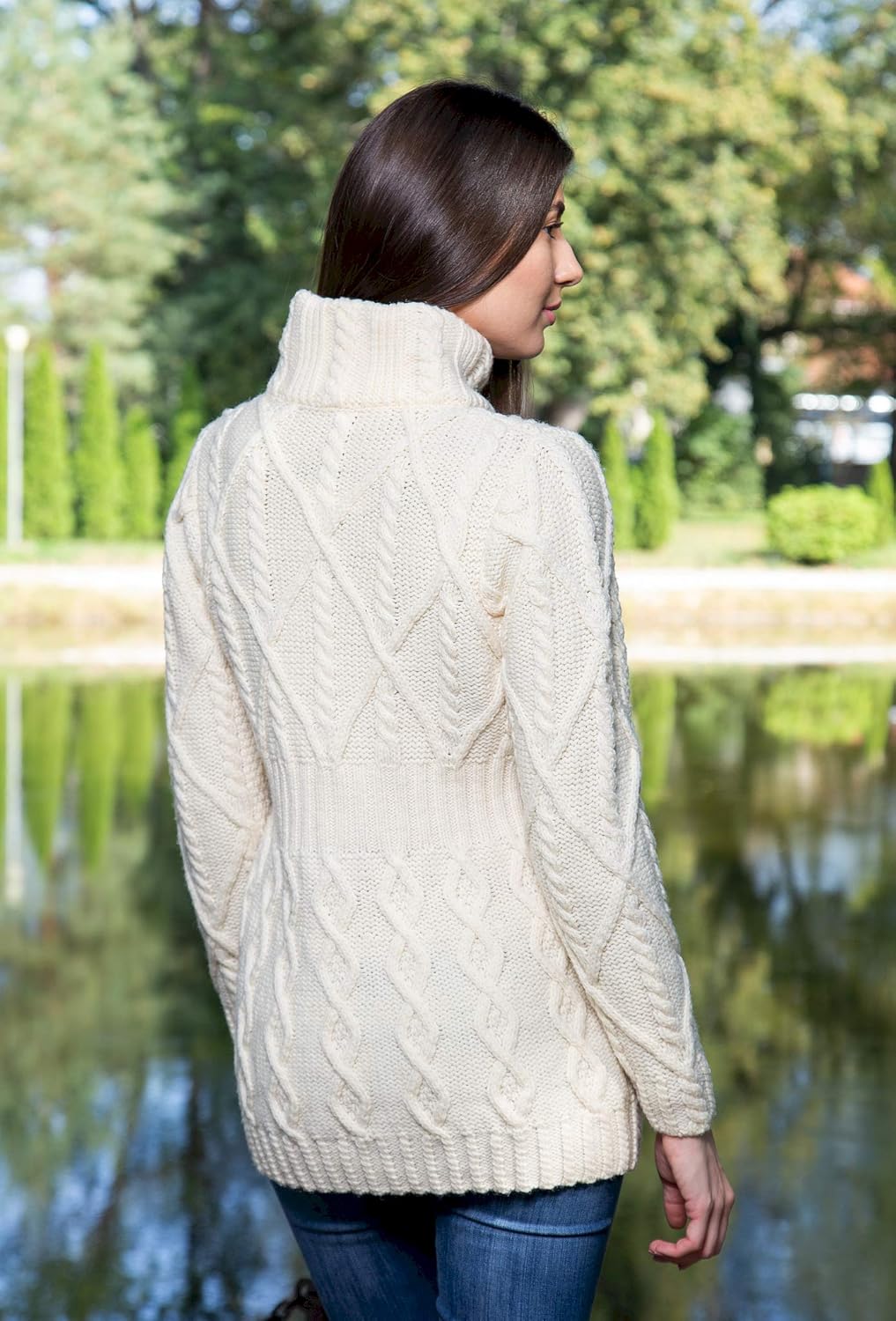 SAOL - 100% Merino Wool Ladies Cable Knit Cardigan Full Zip Irish Coat