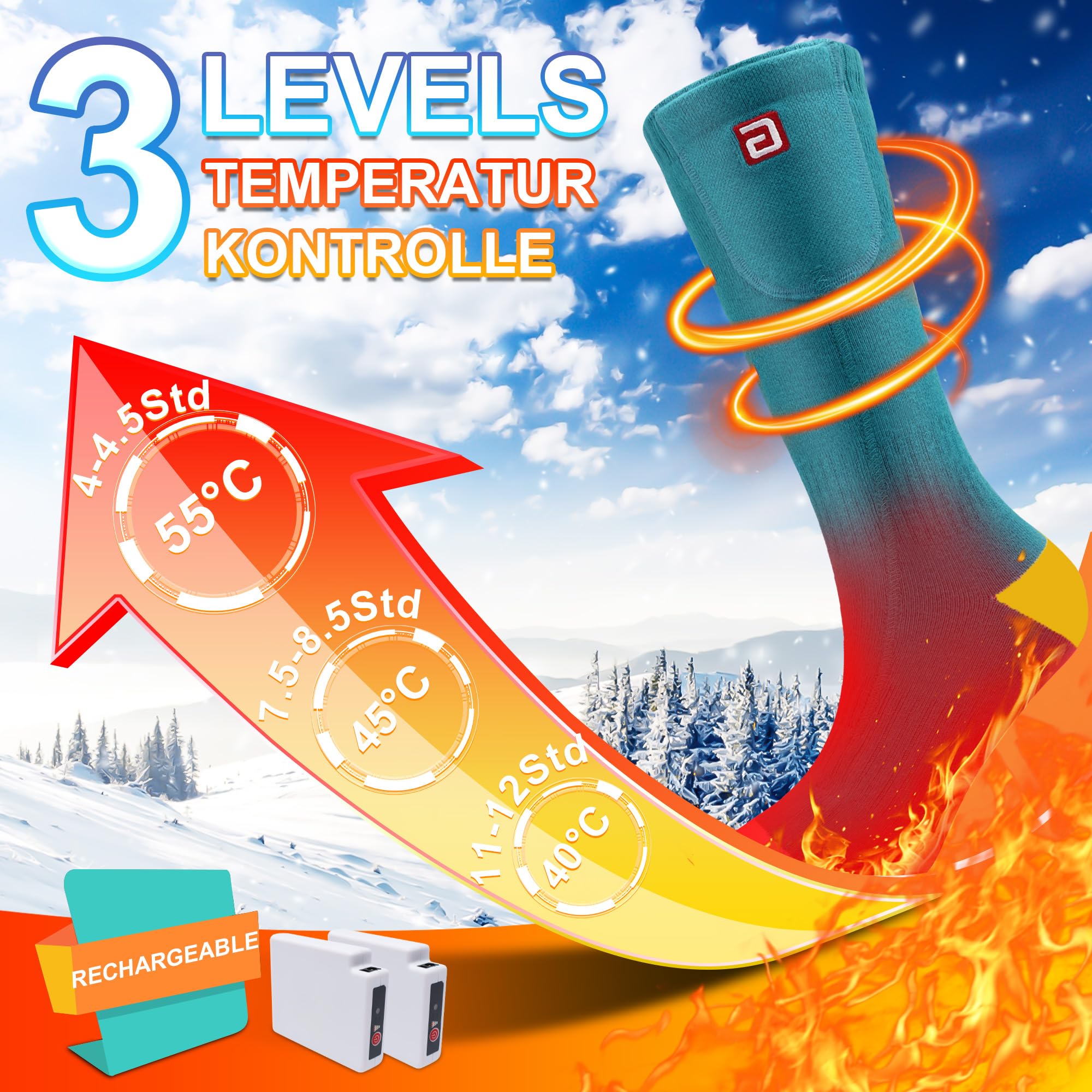 Svpro Chaussettes chauffantes, rechargeables pour homme et femme, chaussettes thermiques pour temps froid, pour le ski, l'hiver, le camping, la randonnée