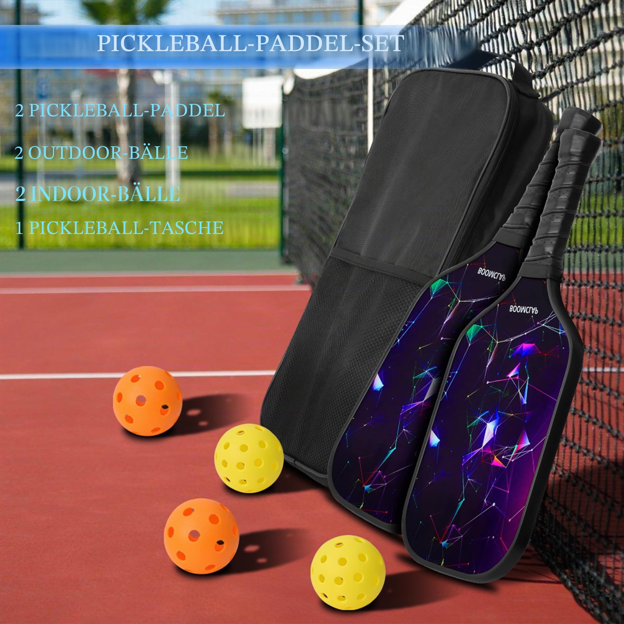 BOOMCLAP Pickleball-Paddel 2er-Set – Fiberglas-Oberfläche, komplett mit 2 Schlägern, 4 Bällen und tragbarer Tragetasche – ideal für Männer und Frauen