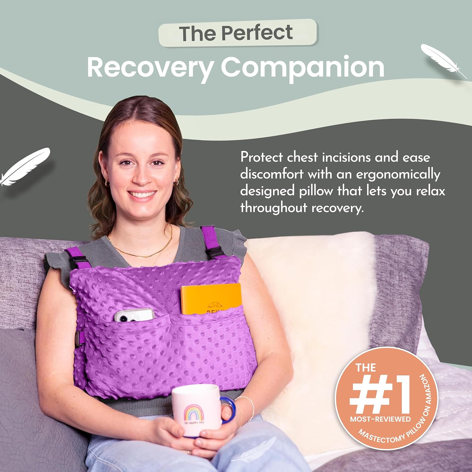 MOYOAMA Post Mastectomy Pillow Post Surgery - Wearable Chest Protection with Secure Straps, Easy-Clean Removable Cover, & Pockets - Breast Reduction/Augmentation & Double Mastectomy Recovery Supplies