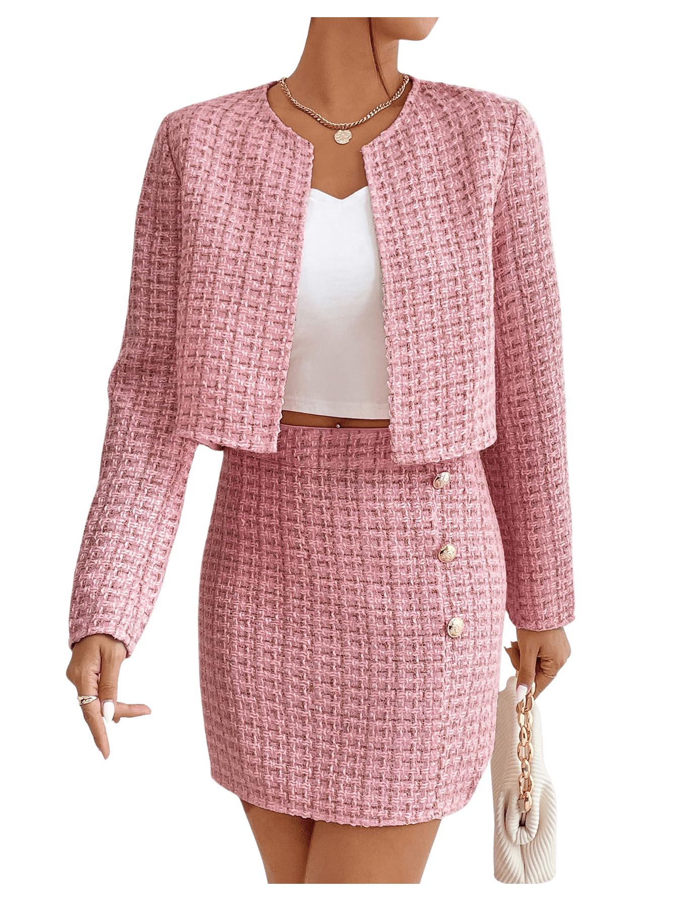 Women's 2 Piece Outfits Plaid Tweed Blazer Long Sleeve Jacket and Skirt Set-image-36