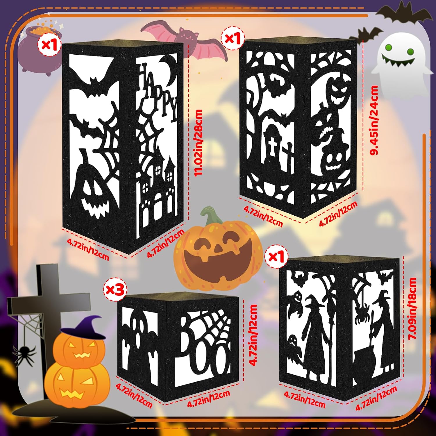 OuMuaMua 6 Pcs Halloween Table Decorations Indoor Halloween Table Centerpieces Boxes, Light up Paper Pumpkin Lanterns with Witch Spider Ghost Patterns for Spooky Party Supplies Home Decor