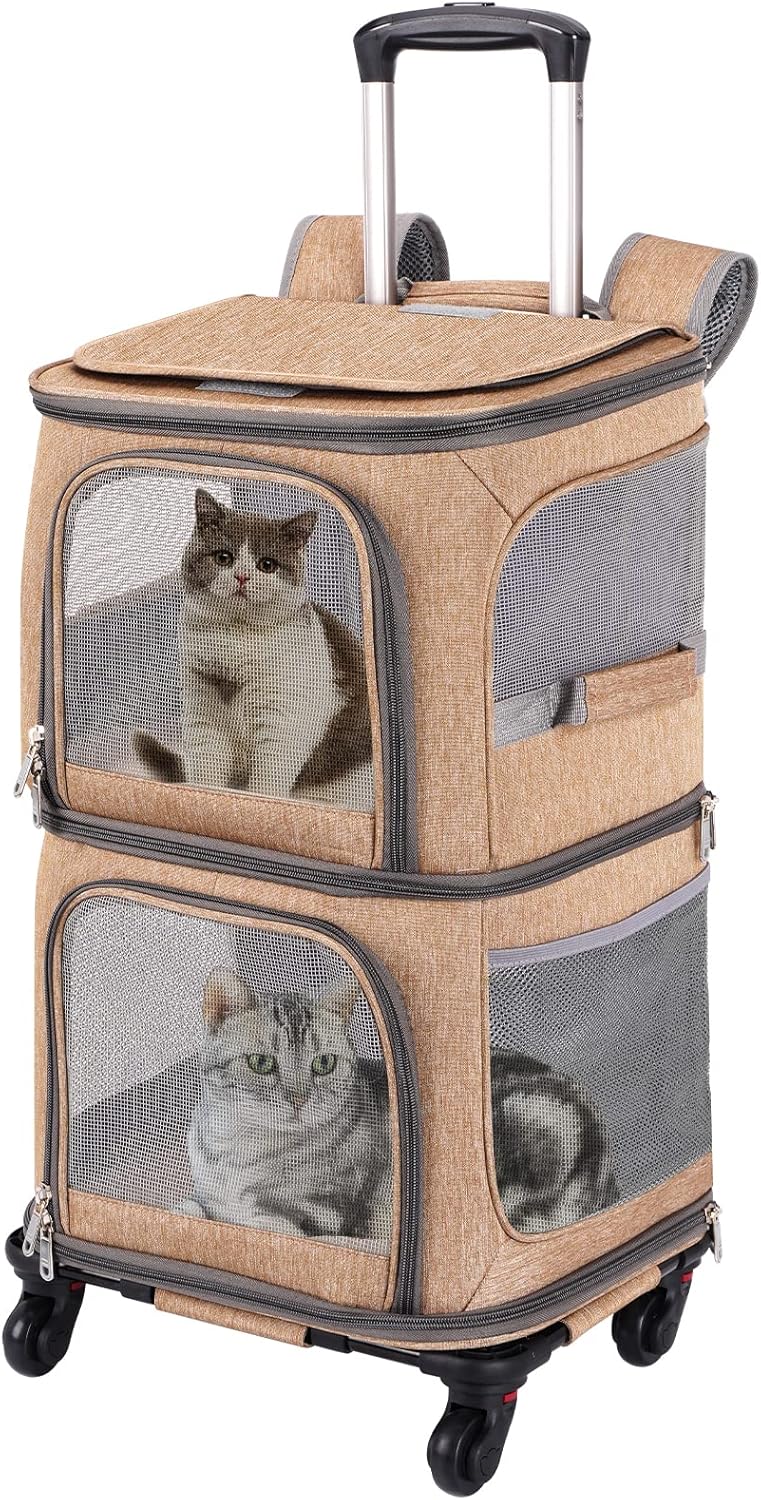 VOISTINO Double Pet Carrier Backpack with Wheels for Small Cats and Dogs, Rolling