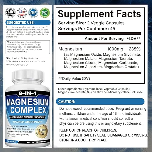 Miniatura 6 de Complejo de magnesio 8 en 1, 1000 mg, 180 cápsulas vegetales, fórmula de máxima absorción para dormir, apoyo muscular y óseo