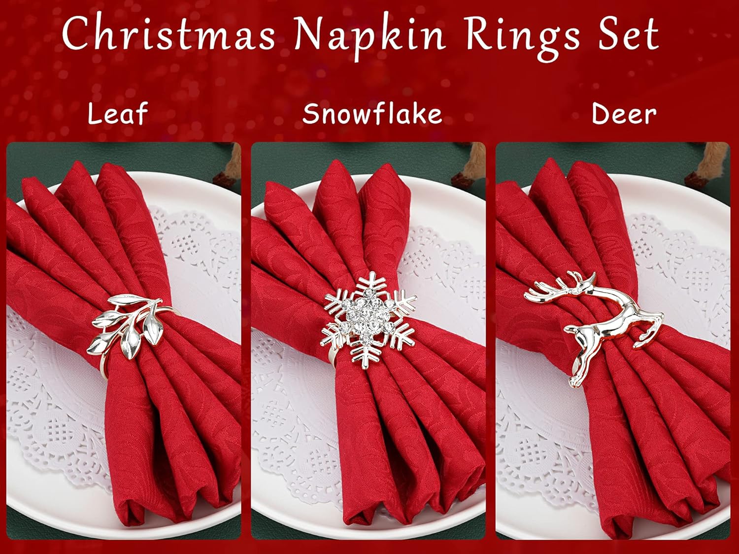 Christmas Napkin Rings, Metal Leaf Napkin Holders Xmas Elk Reindeer Napkin Buckle Rhinestone Snowflake Napkin Ring Holders Dinner Table Rings Decor for Christmas Wedding (Silver, 6 Pieces) : Home & Kitchen