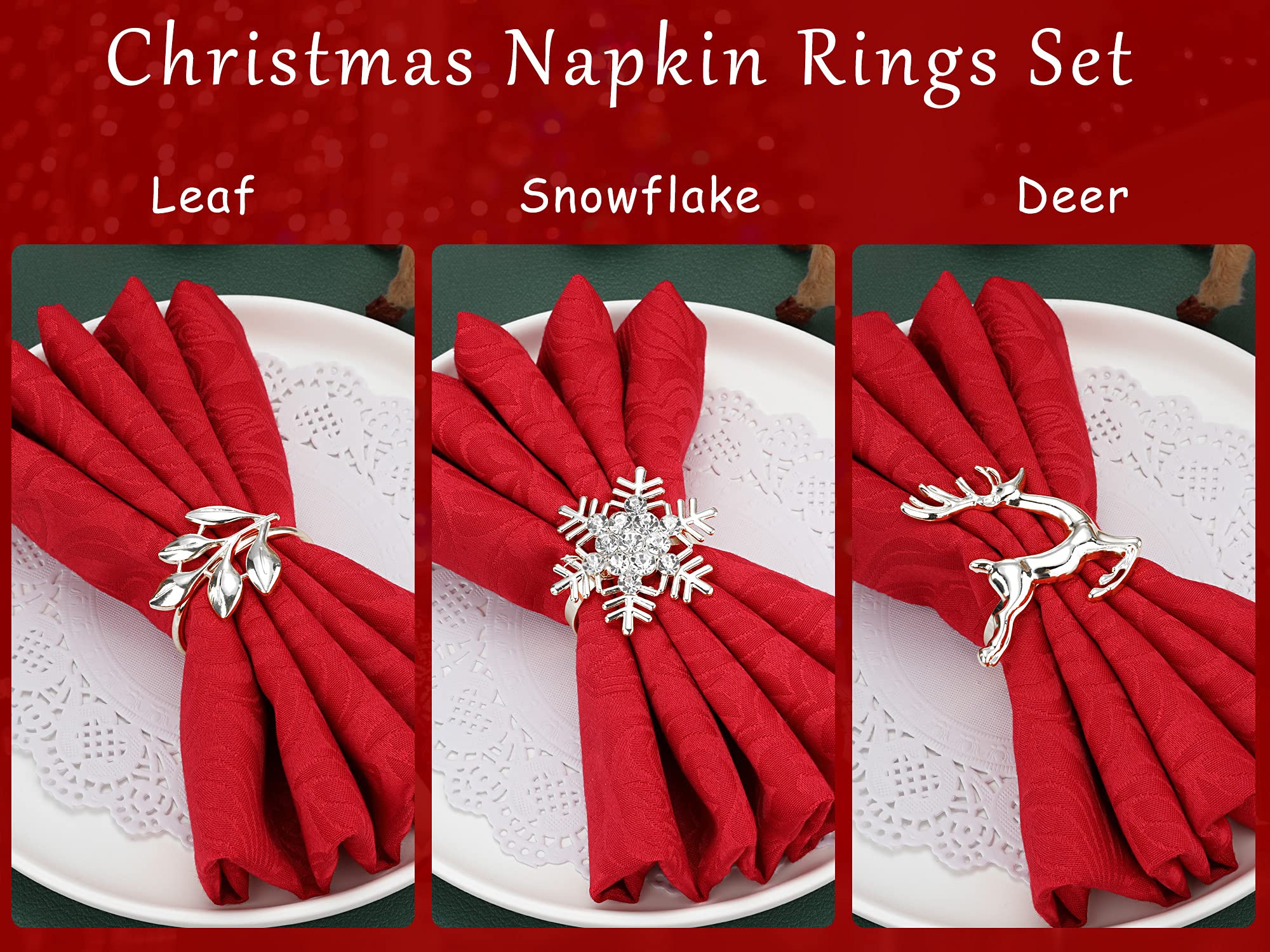 Patelai 6 Pcs Christmas Napkin Rings - Silver Metal Leaf, Reindeer & Snowflake Designs