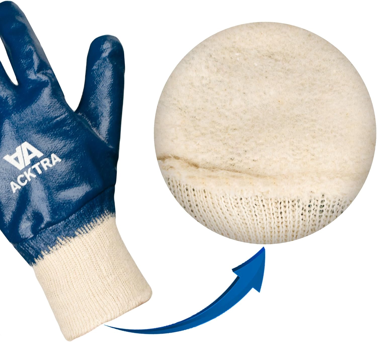 ACKTRA Nitrile Fully Coated Cotton WORK GLOVES 12 Pairs, Oil Acid Alkali Resistant, Blue, WG005