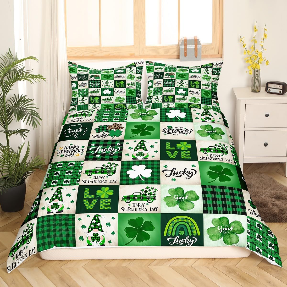 Happy St. Patrick's Day Kids Duvet Cover Set King Size,Cartoon Gnomes Leaves Irish Bedding Set,Girls Boys Room Decor,Geometric Plaids Grids Comforter Cover,Green Retro Quilt Cover,2 Pillowcases
