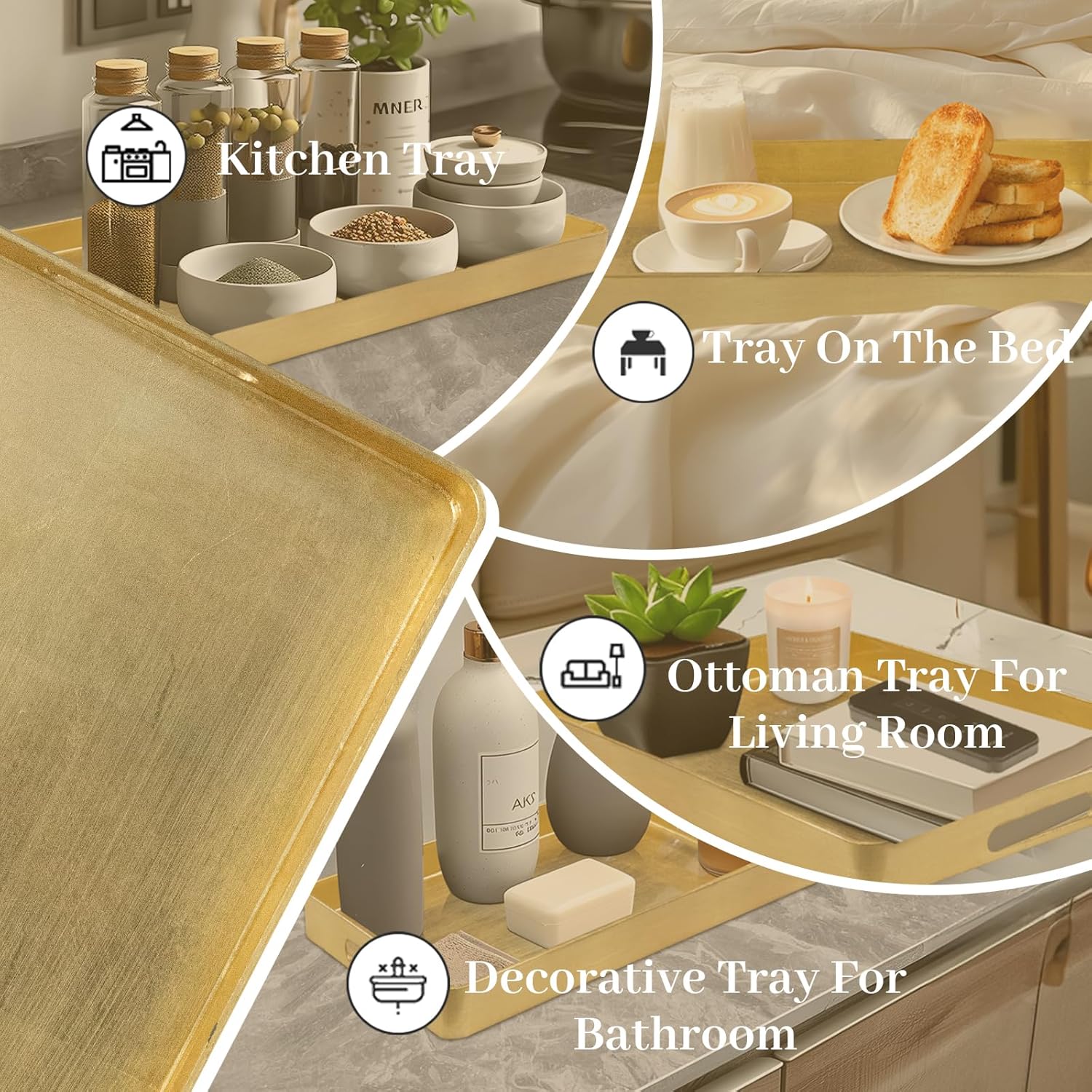 MAONAME Gold Decorative Tray with Handles, Foil Serving Tray for Ottoman, Rectangular Coffee Trays for Living Room, Bathroom, 16.7 L x 11.8 W x 1.6 H