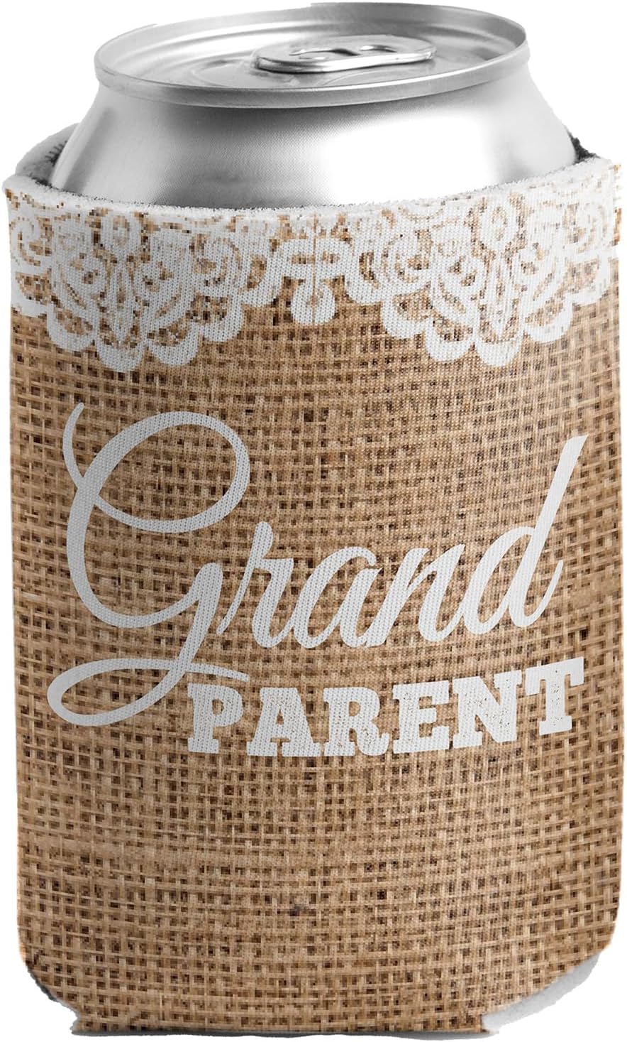 VictoryStore Burlap Rustic Wedding Party Can Coolers – Grandparent Design – Foam Insulated Beverage Sleeves for 12-16 oz Cans & Bottles – Wedding Favors, Bachelorette Party Gifts