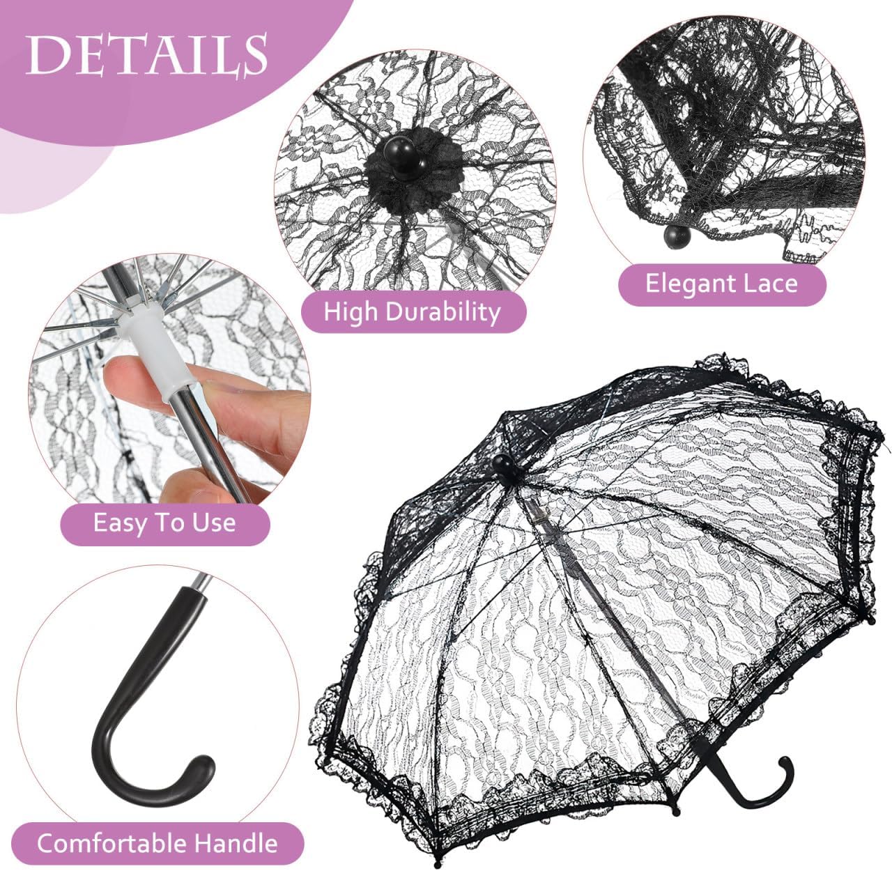 VICASKY Vintage Lace Umbrella, Black Bridal Parasol for Wedding Decoration, Stage Performance Props, Photography Accessories, - Image 8