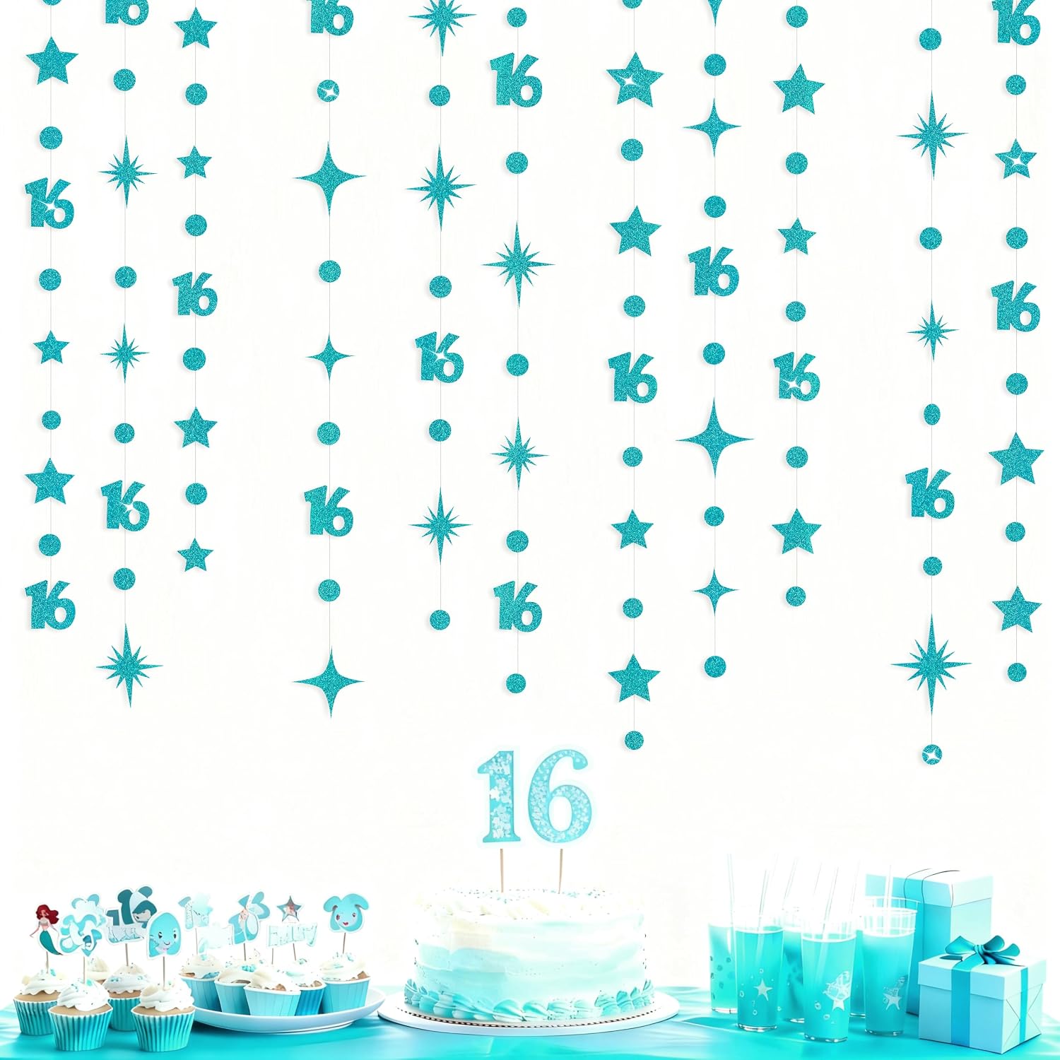 Teal Blue 16th Birthday Decorations Number 16 Circle Dot Star Garland Glitter Streamer Banner Backdrop for Girls Boys Sweet Sixteen Cheers to 16 Years Old Birthday 16th Anniversary Party Supplies