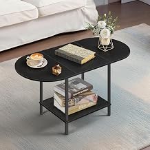 Black Coffee Tables for Living Room,Mid Century Oval Small Center Table with Storage Shelf and Wood Tabletop,2-Tier Farmhouse Low Cocktail Tea Table for Small Space,Apartment