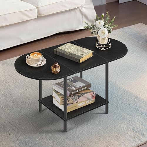 Black Coffee Tables for Living Room,Mid Century Oval Small Center Table with Storage Shelf and Wood Tabletop,2-Tier Farmhouse Low Cocktail Tea Table for Small Space,Small Apartment