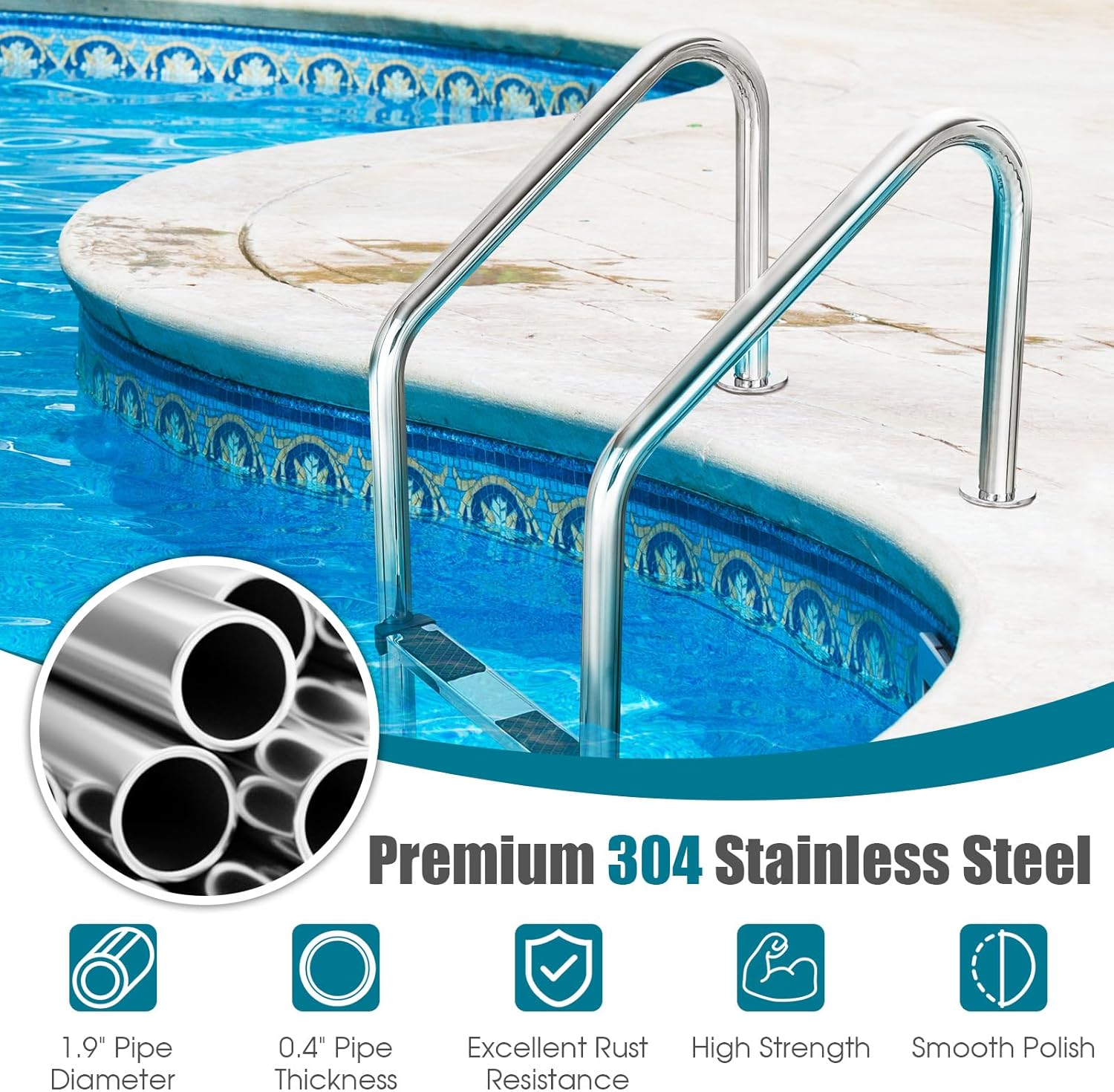 In-Ground Pool Ladder, 3 Step Stainless Steel Pool Steps with 304 Steel Frame, 265 LBS Capacity, Non Slip Steps and Handrails, Easy Install, Swimming Pool Ladder for Outdoor Indoor