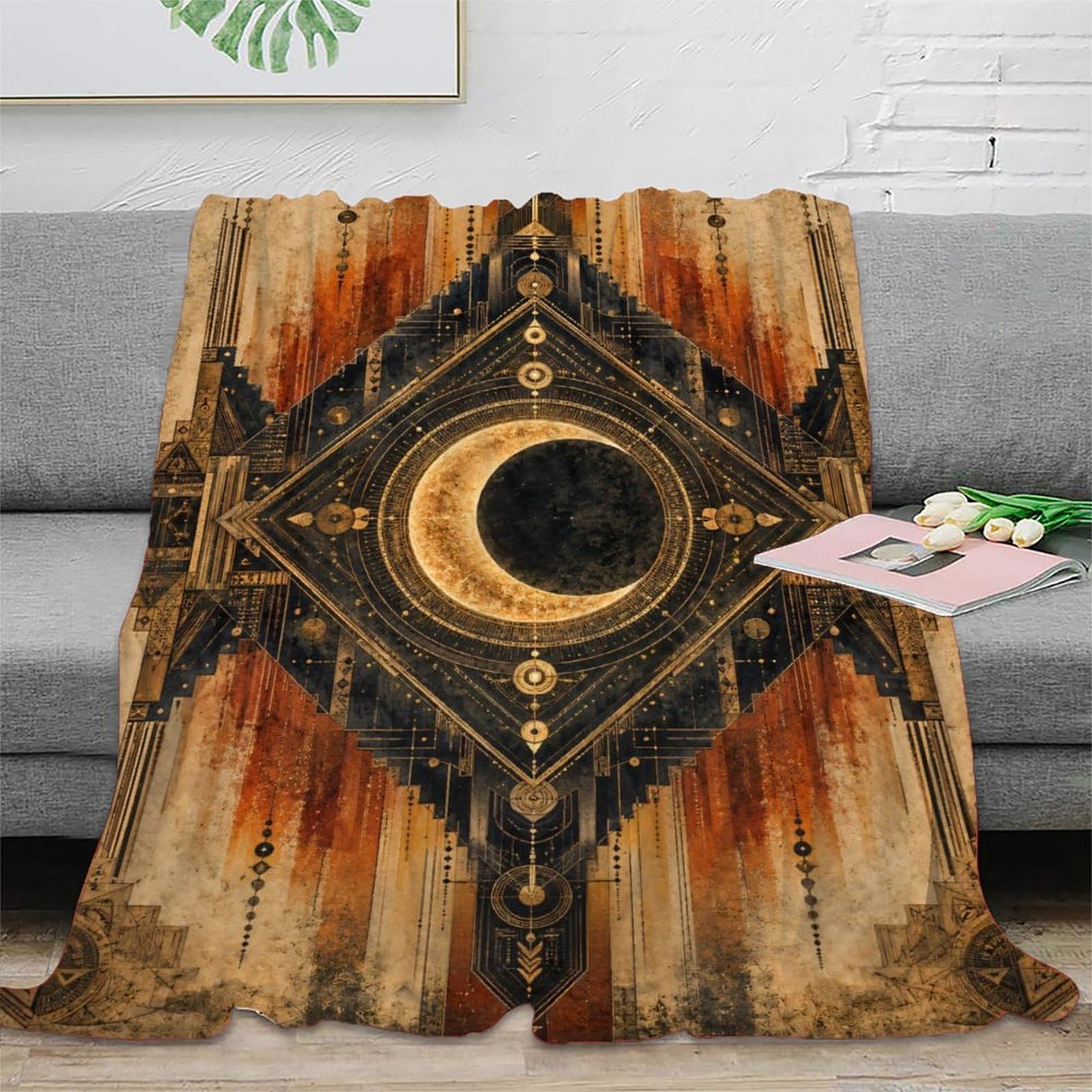H3B8U2Y5 Geometric Crescent Symbol Throw Blanket, Flannel, Camping