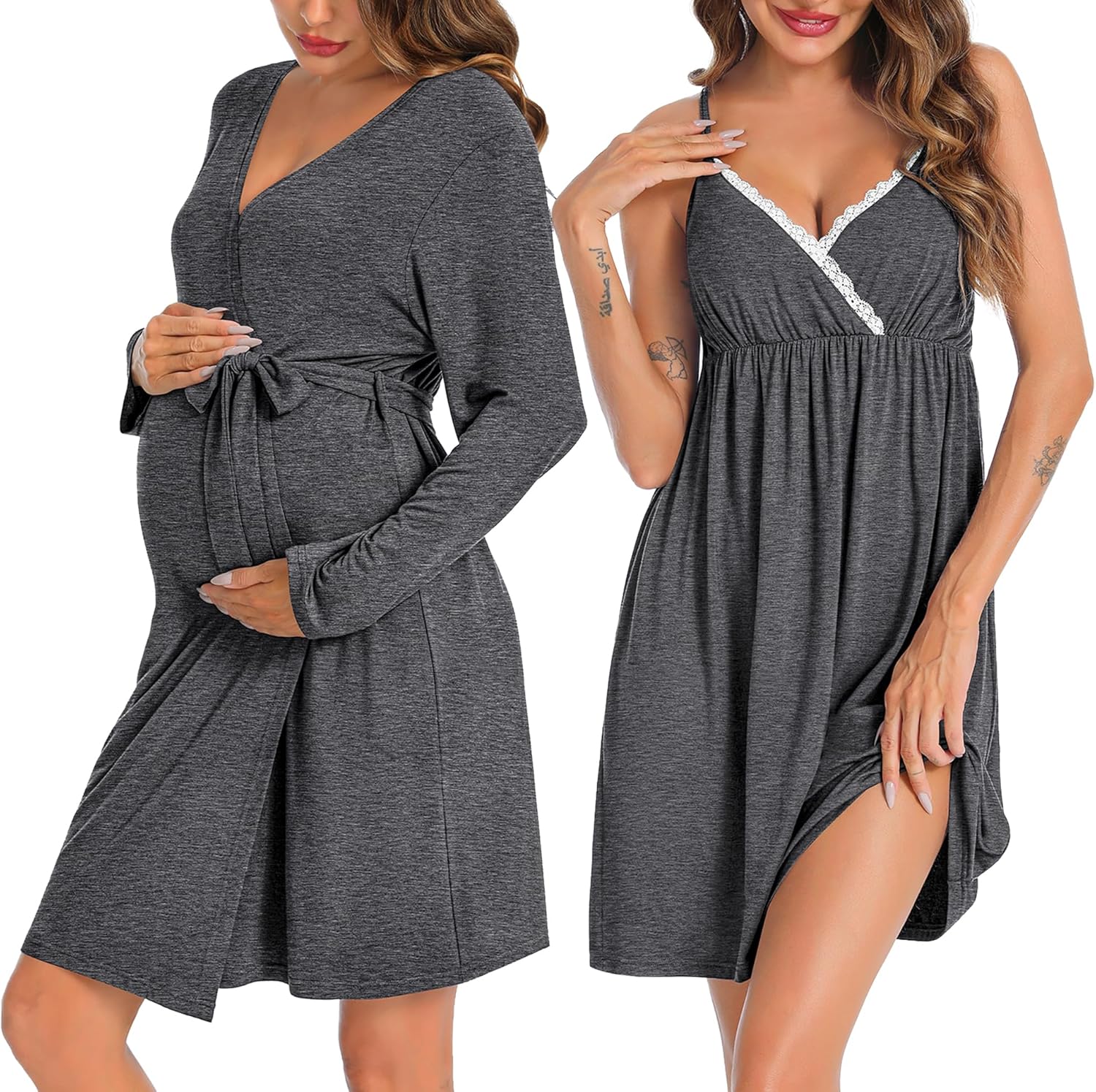 SWOMOG Womens Maternity Robe 2 Piece Nursing Nightgown for Breastfeeding 3 in 1 Labor Delivery Nursing Dress Lace Bathrobe - Image 4