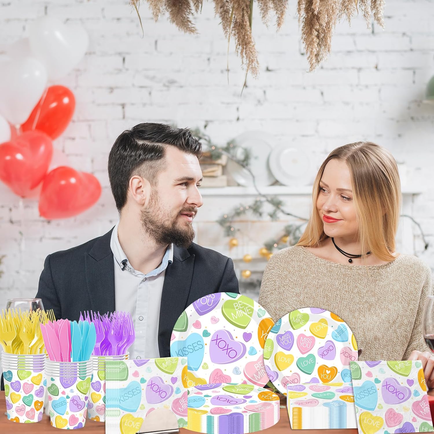 144Pcs Valentine's Day Tableware Set,Conversation Heart Valentines Day Plates and Napkins Colorful Love Valentine's Day Party Supplies for Anniversary Wedding Sweet Day Decor
